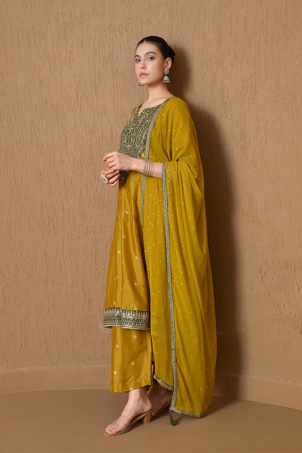 Mustard Gold Embroidered Anarkali 3 Pcs Kurta Set