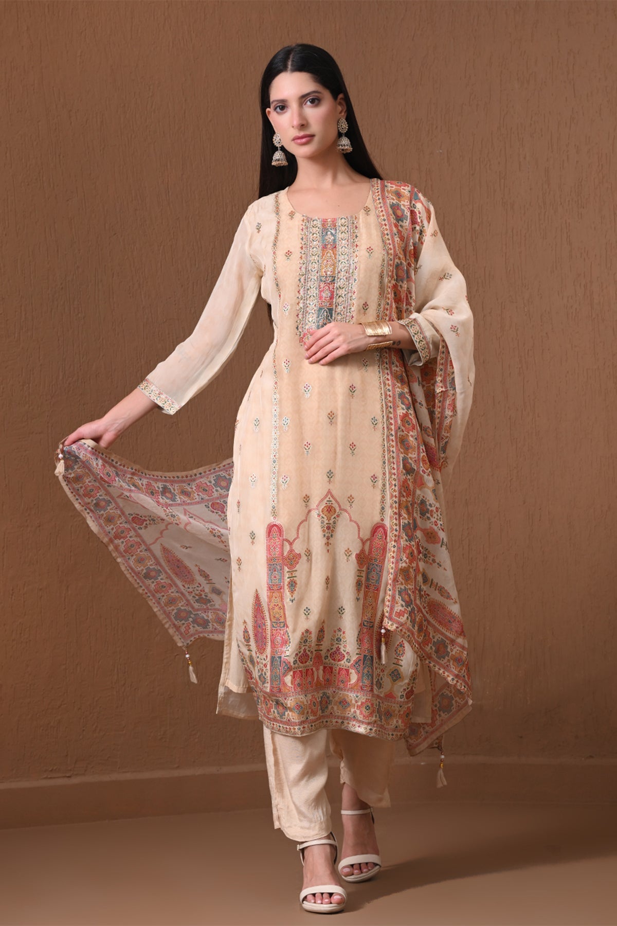 Fawn Patola Print 3 Pcs Kurta Set