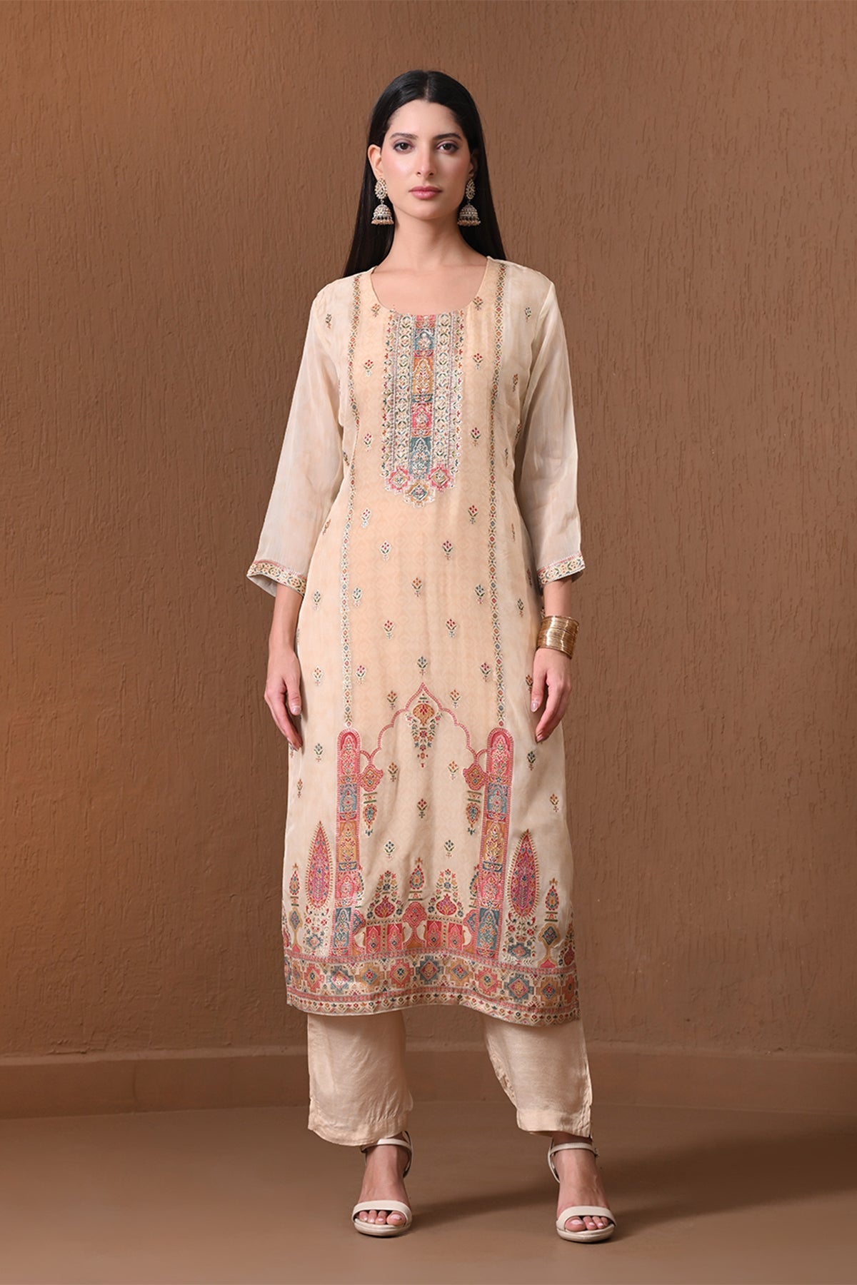 Fawn Patola Print 3 Pcs Kurta Set