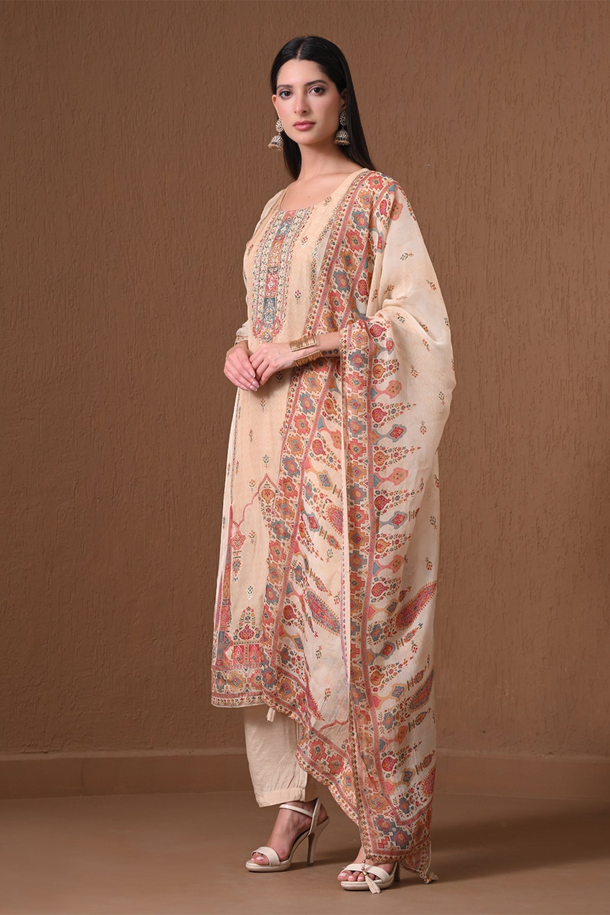 Fawn Patola Print 3 Pcs Kurta Set