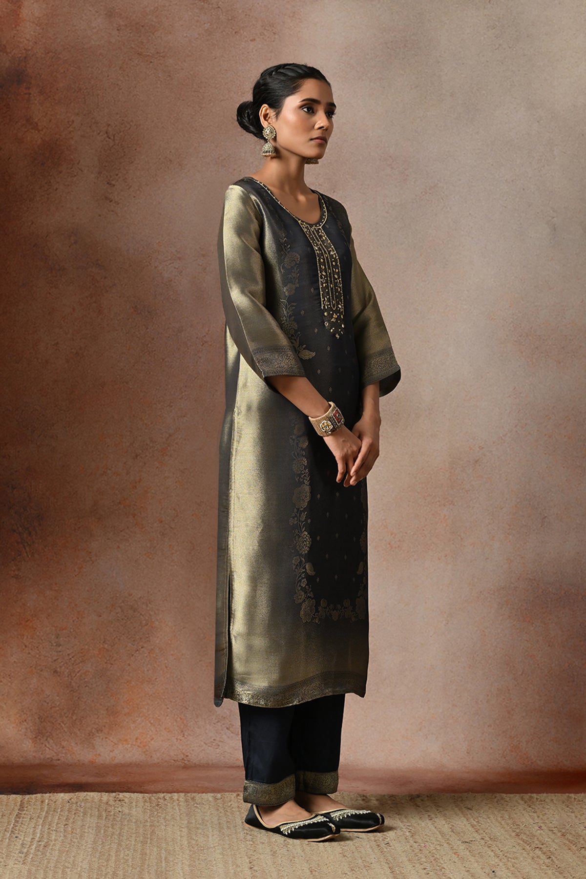 Metallic Midnight Blue Embroidered 3 Pcs Kurta Set