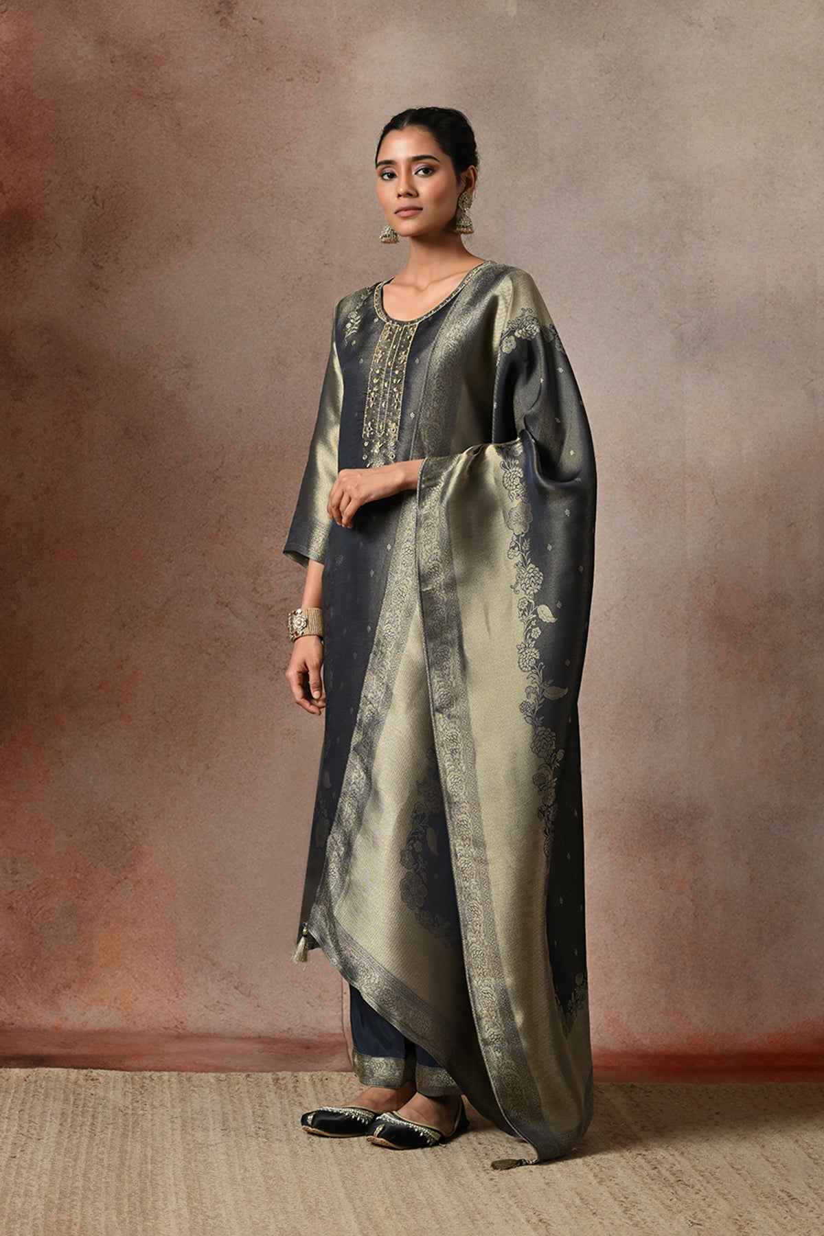 Metallic Midnight Blue Embroidered 3 Pcs Kurta Set