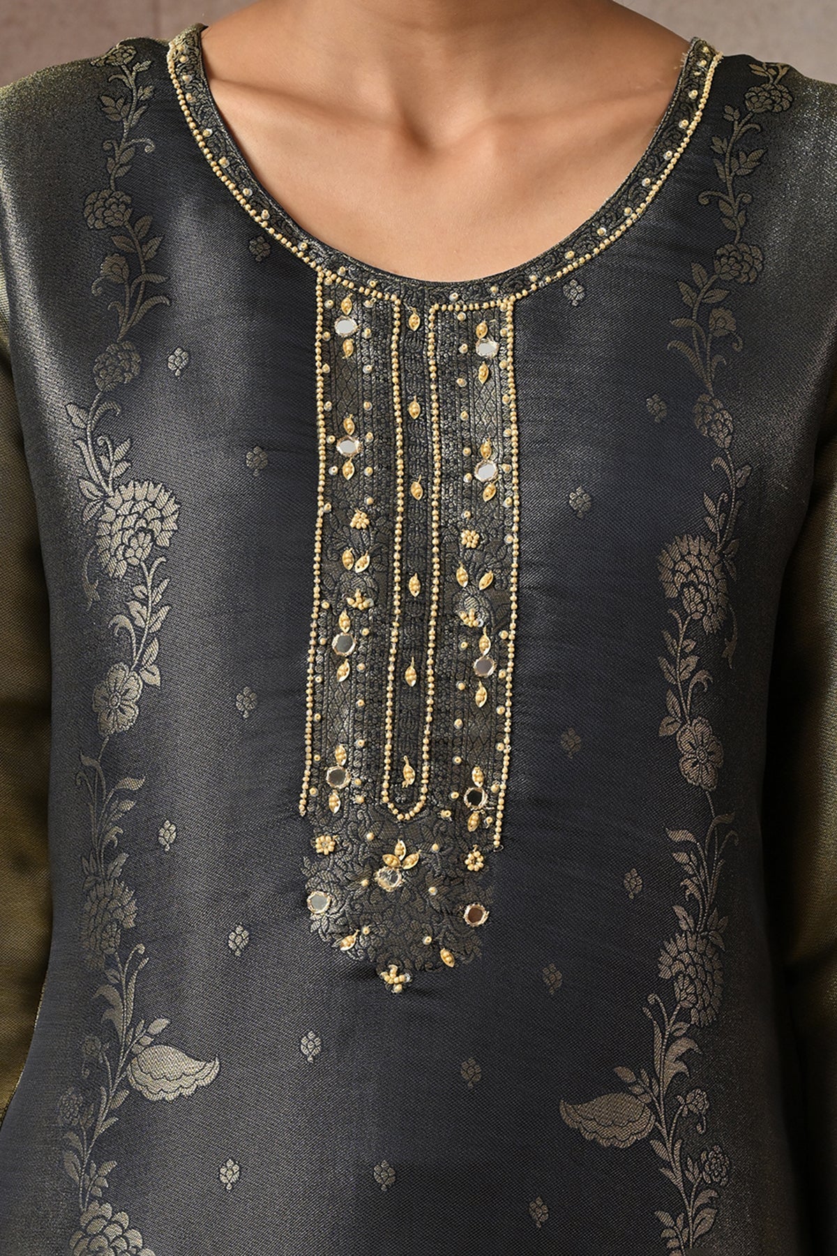 Metallic Midnight Blue Embroidered 3 Pcs Kurta Set