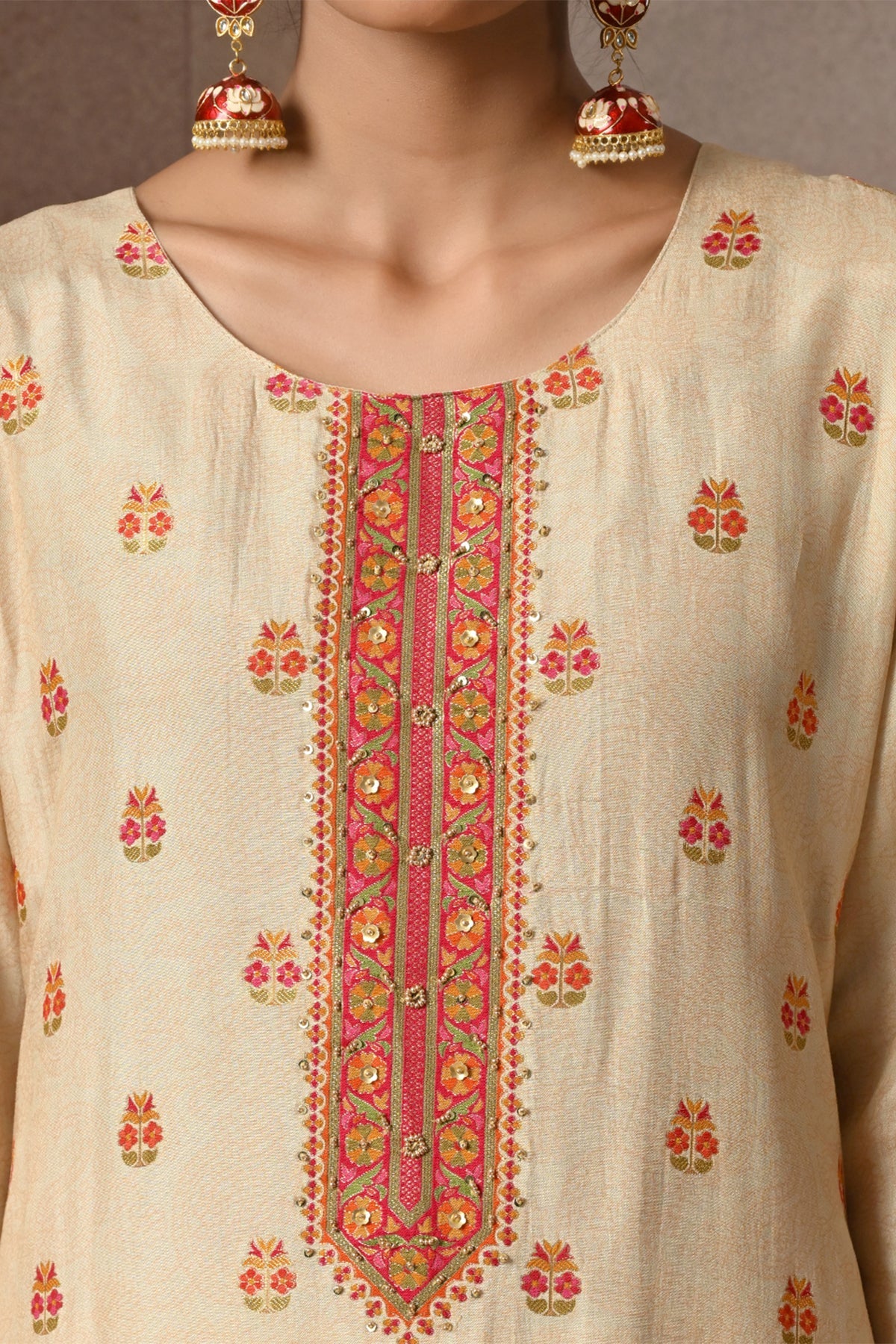 Beige Floral Zari Embroidered 3 Pcs Kurta Set