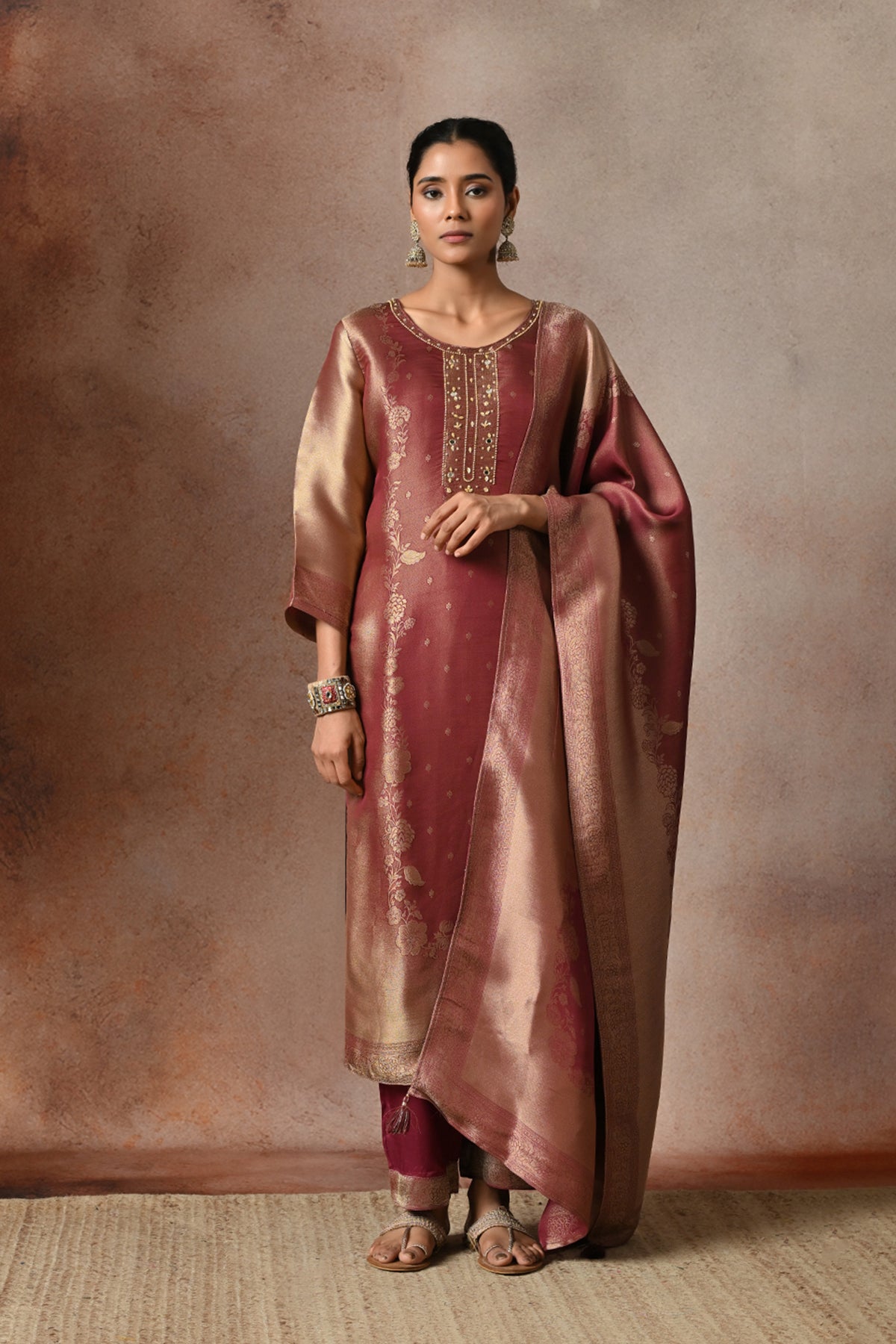 Metallic Wine Embroidered 3 Pcs Kurta Set