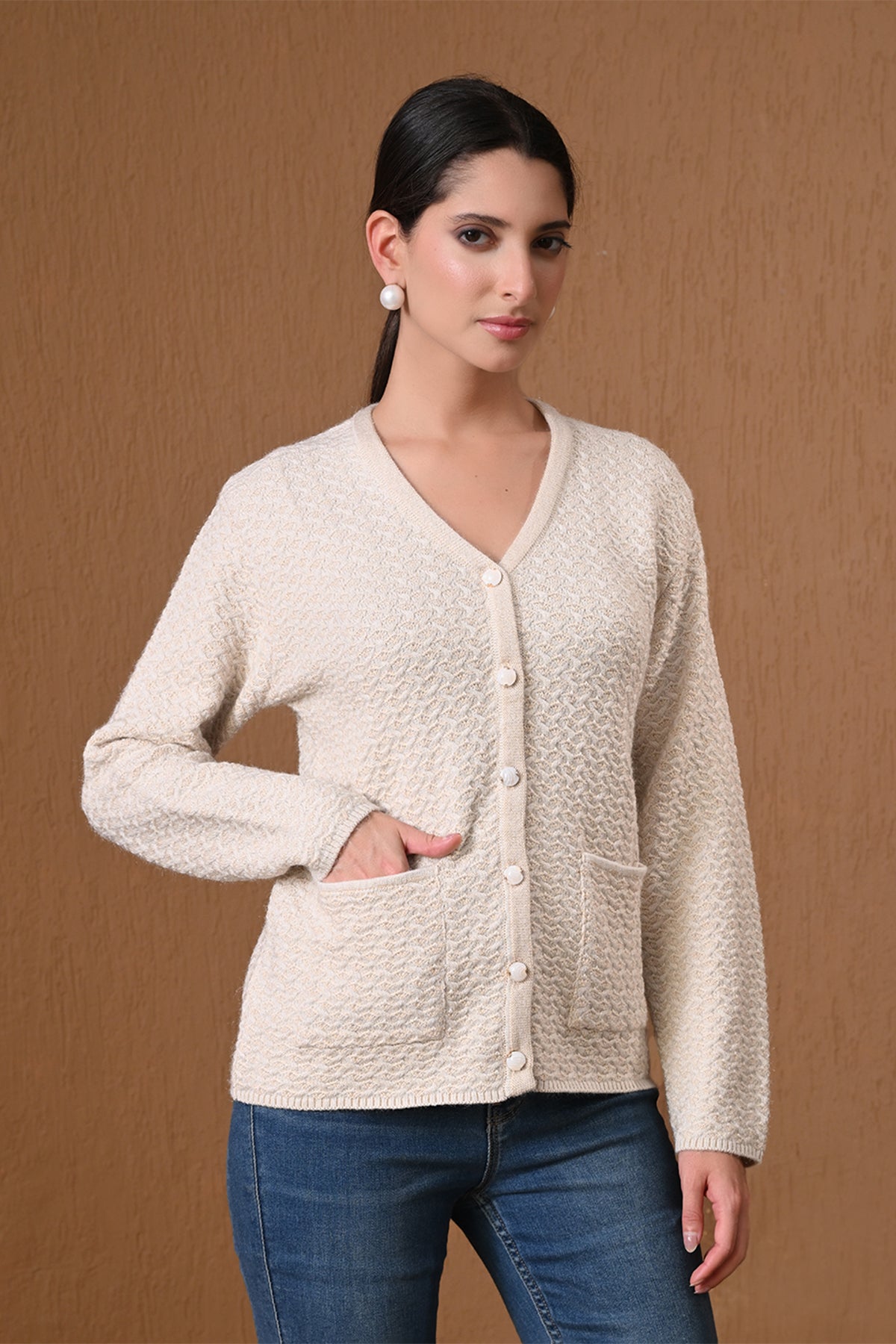 Winter Fawn Textured Knitted Cardigan