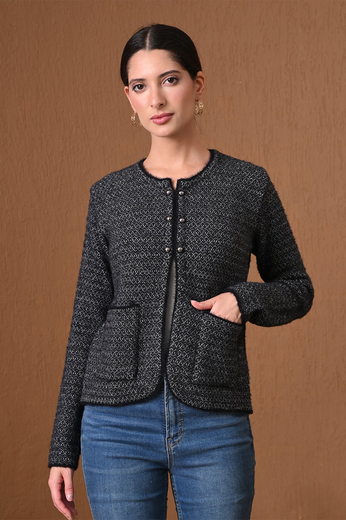 Winter Charcoal Black Tweed-Style Textured Cardigan