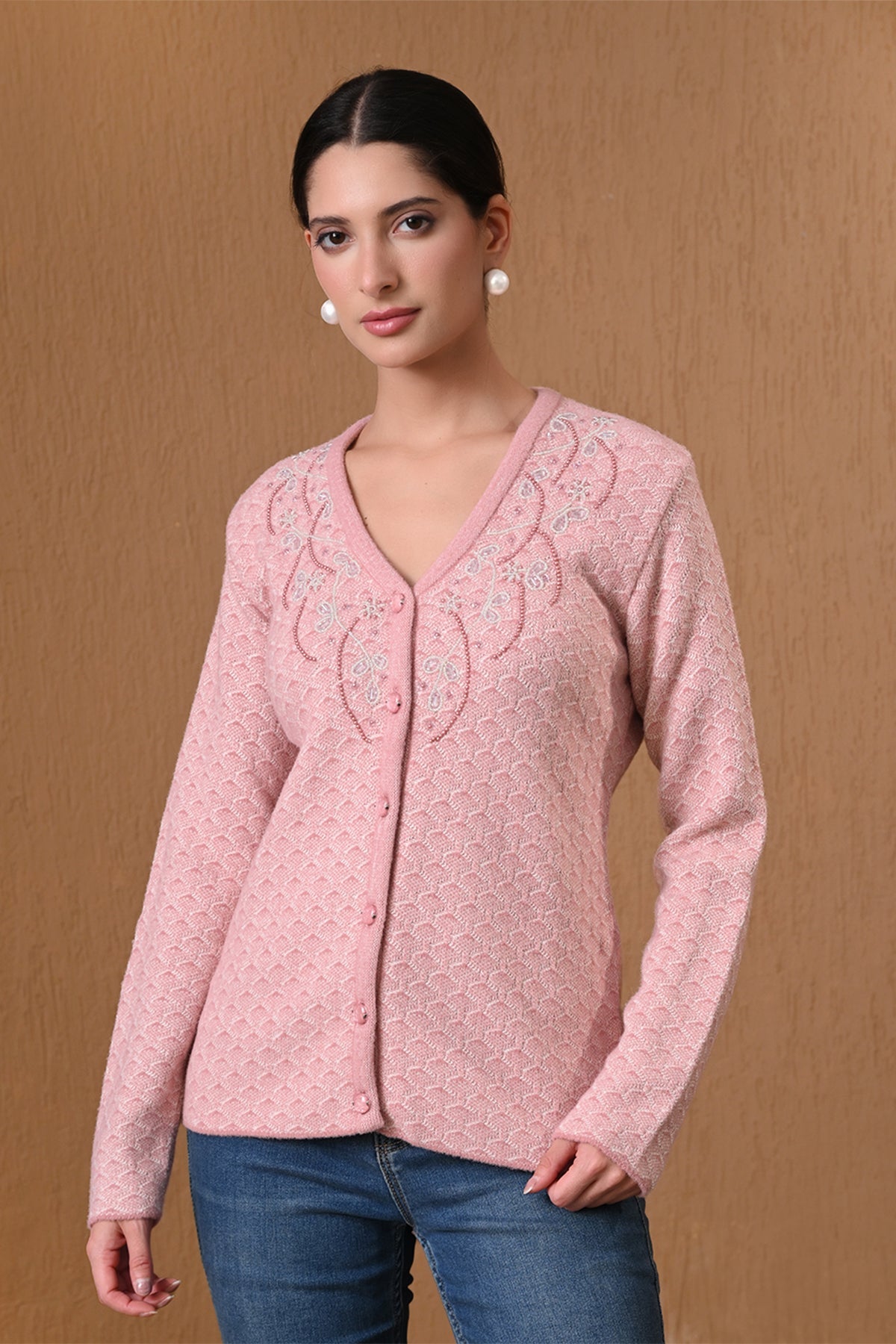Winter Pink Embroidered Textured Knitted Cardigan
