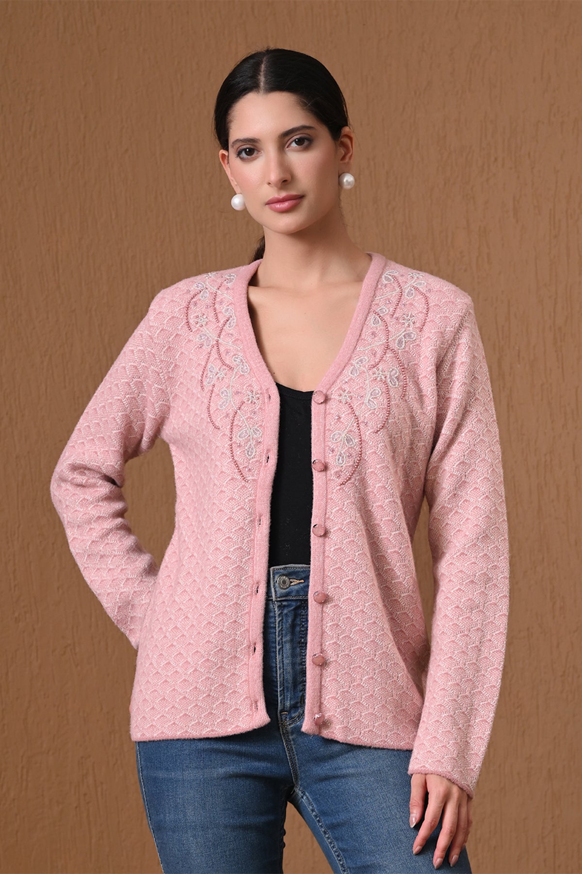Winter Pink Embroidered Textured Knitted Cardigan