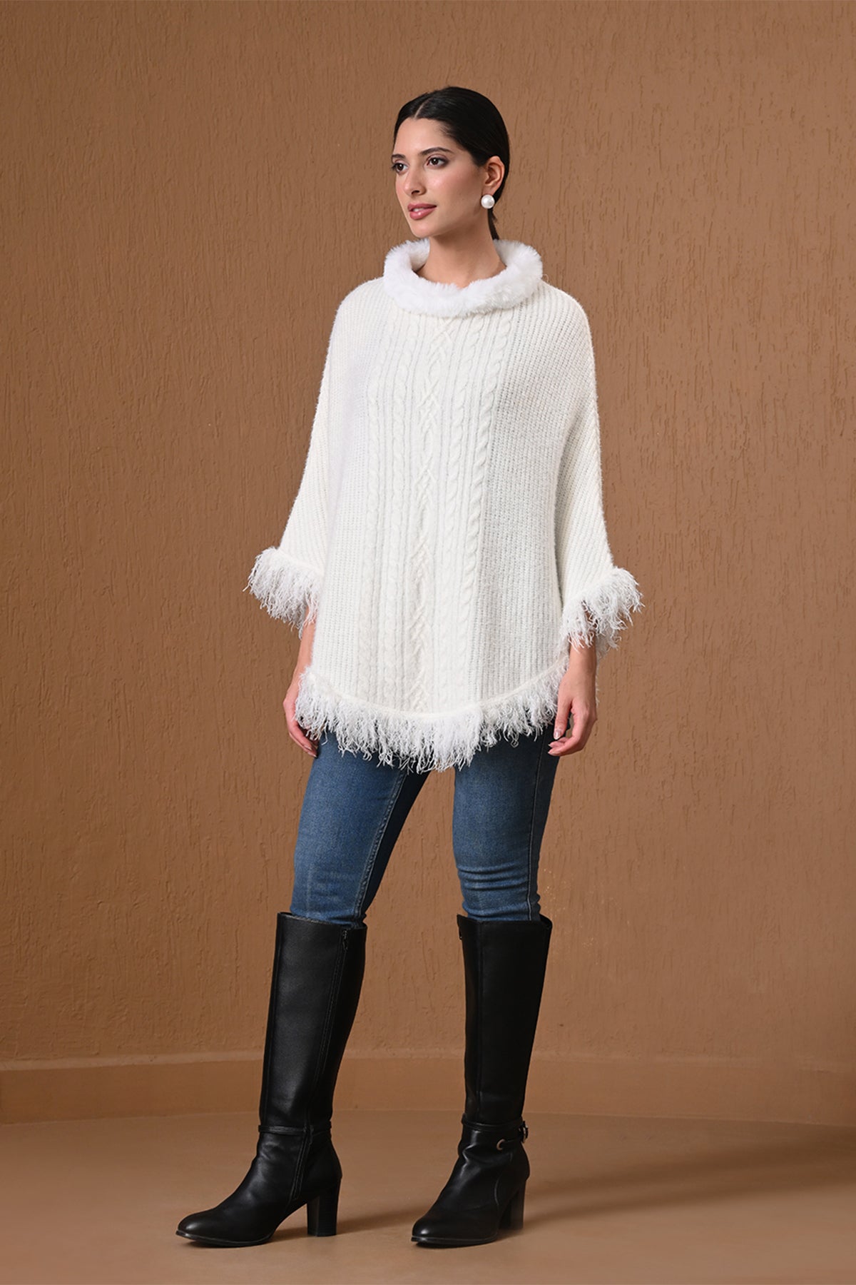 Winter Ivory Cream Cable-Knit Faux Fur Poncho