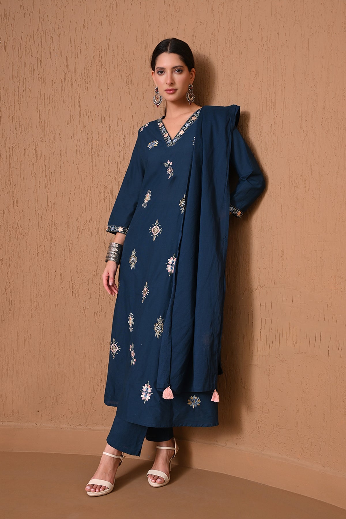 Teal Embroidered A-Line Kurta 3 Pcs Set
