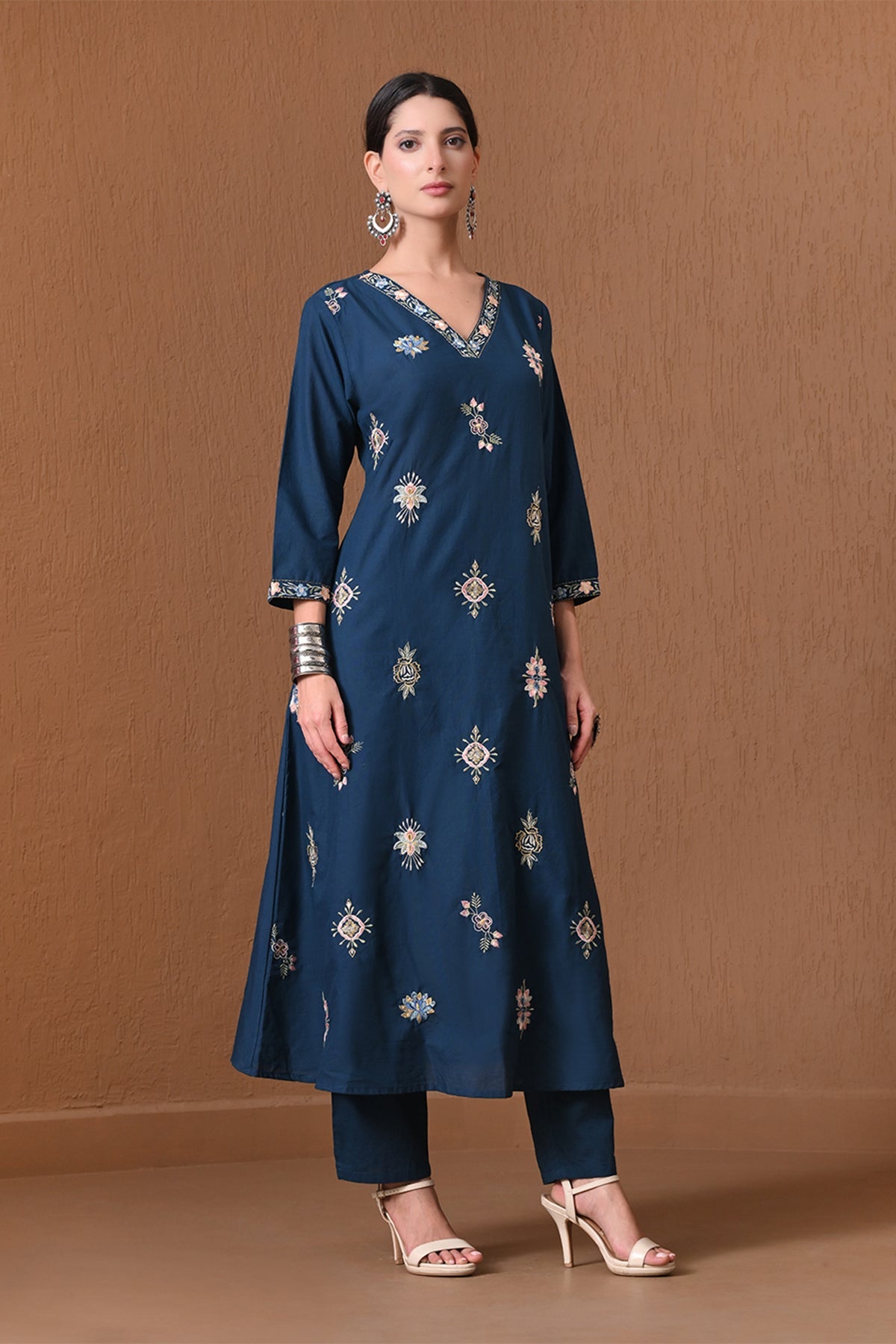 Teal Embroidered A-Line Kurta 3 Pcs Set