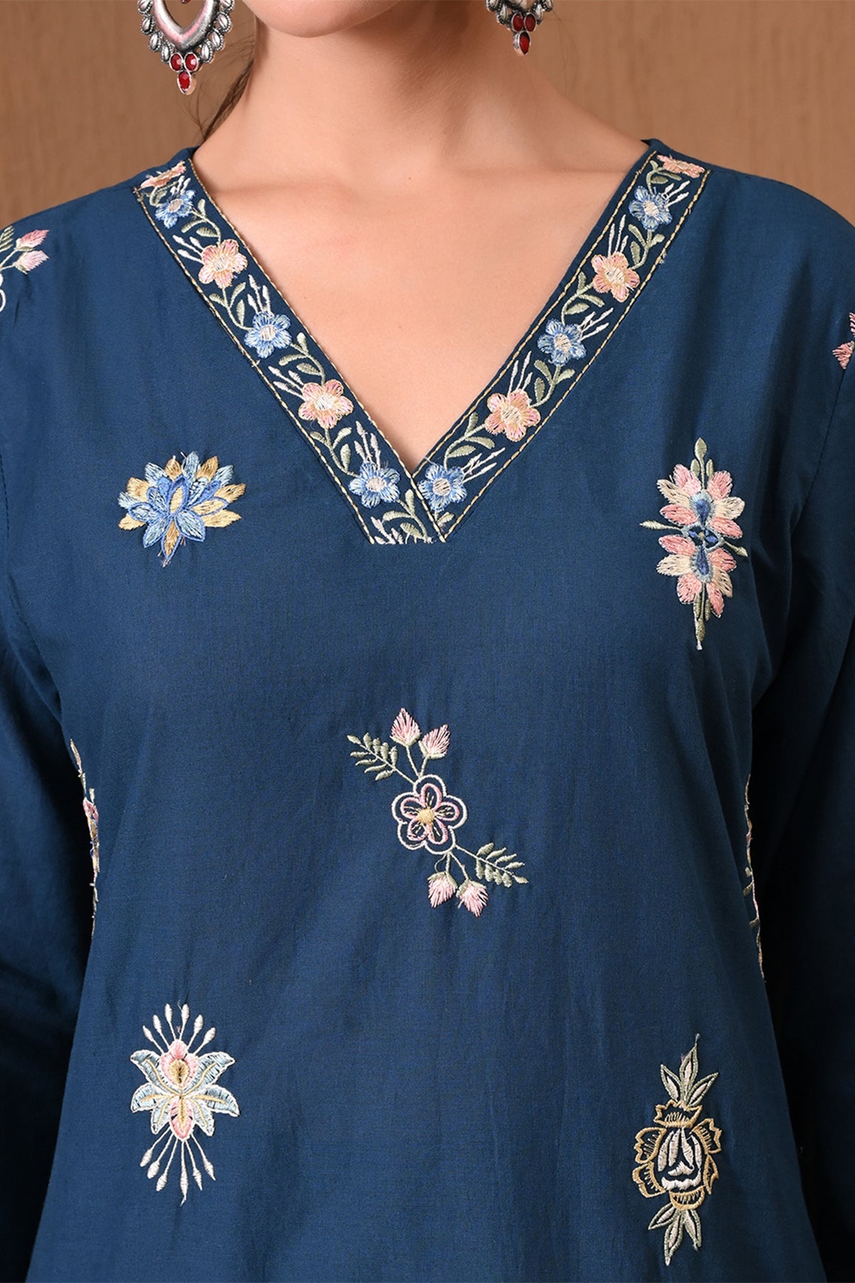 Teal Embroidered A-Line Kurta 3 Pcs Set