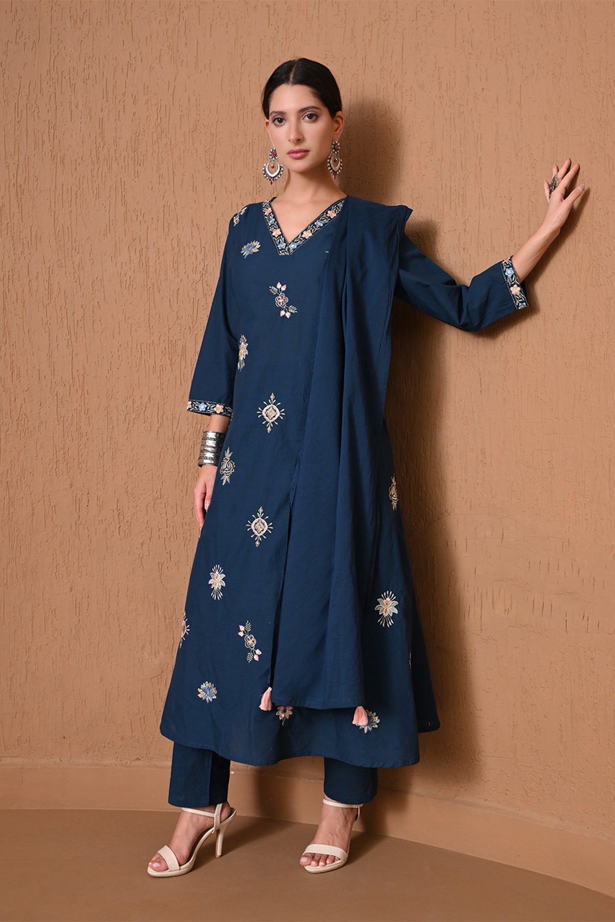 Teal Embroidered A-Line Kurta 3 Pcs Set