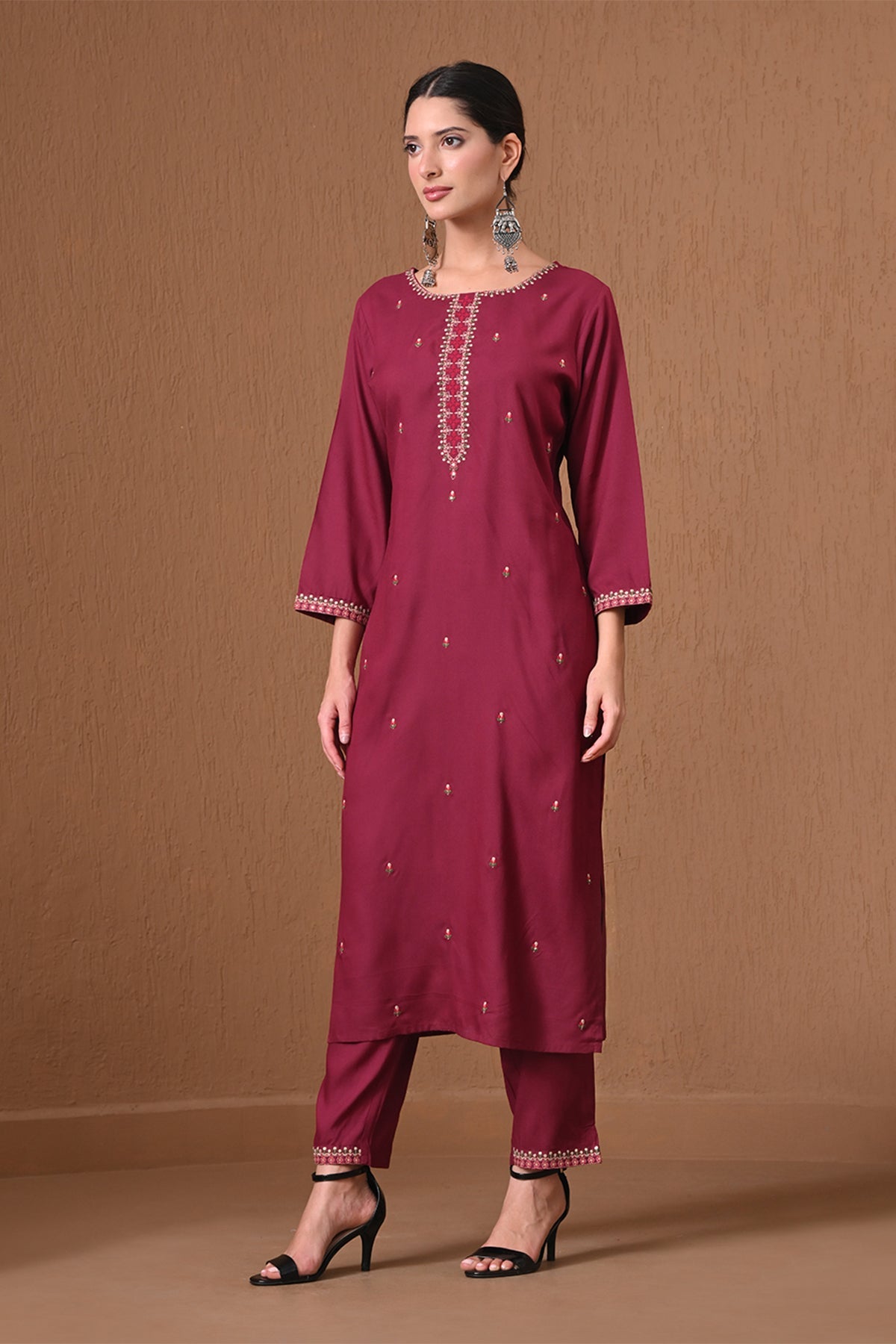 Wine Embroidered Kurta 2 Pcs Set