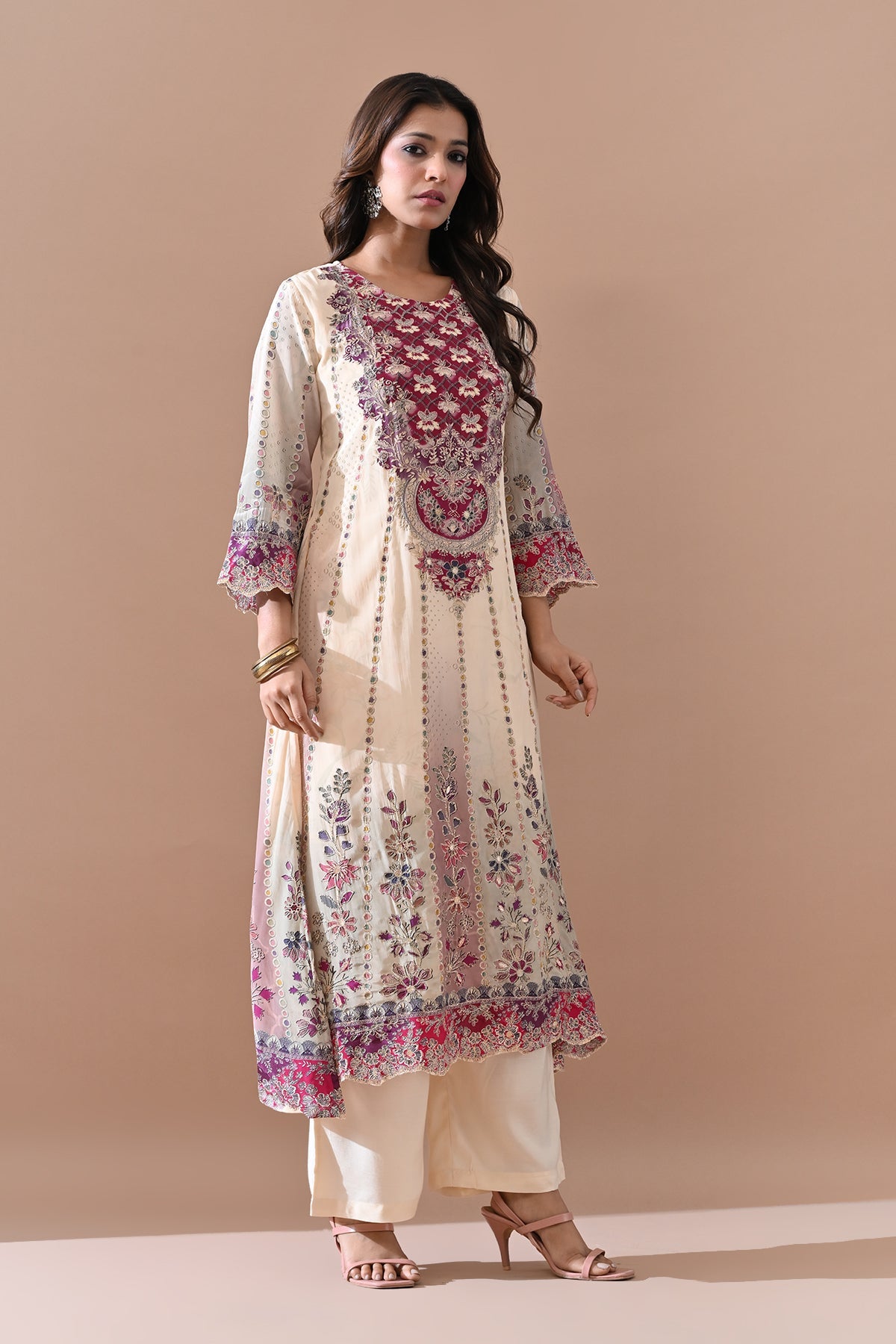 Cream A-line Kurta 3 Pcs Set