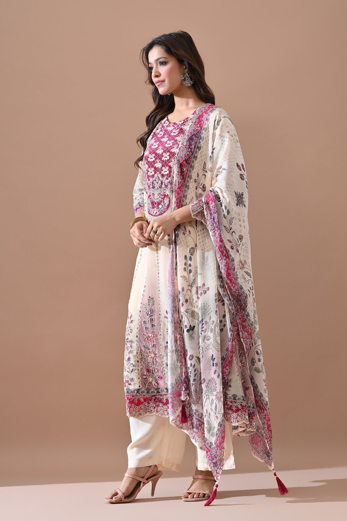 Cream A-line Kurta 3 Pcs Set