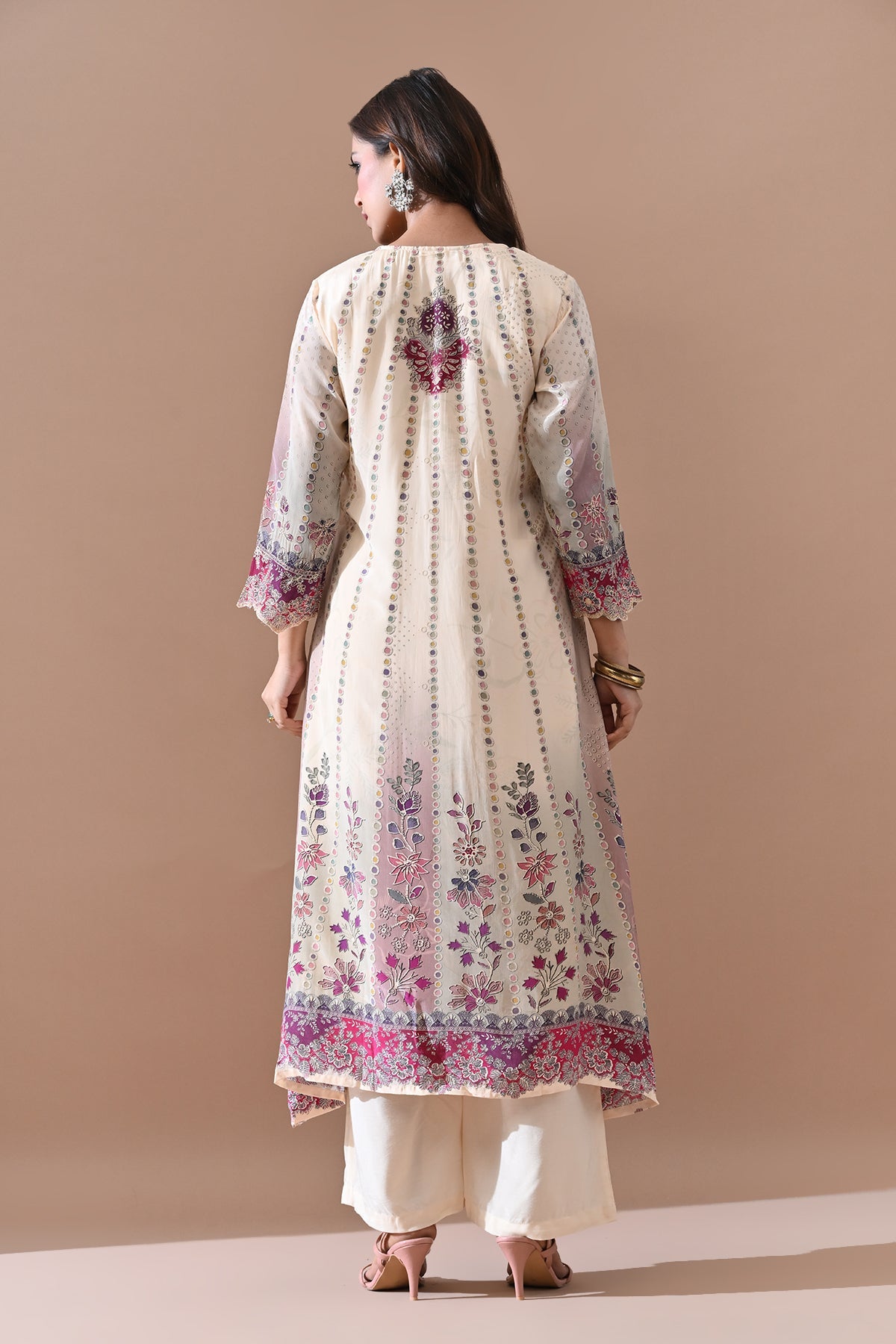 Cream A-line Kurta 3 Pcs Set