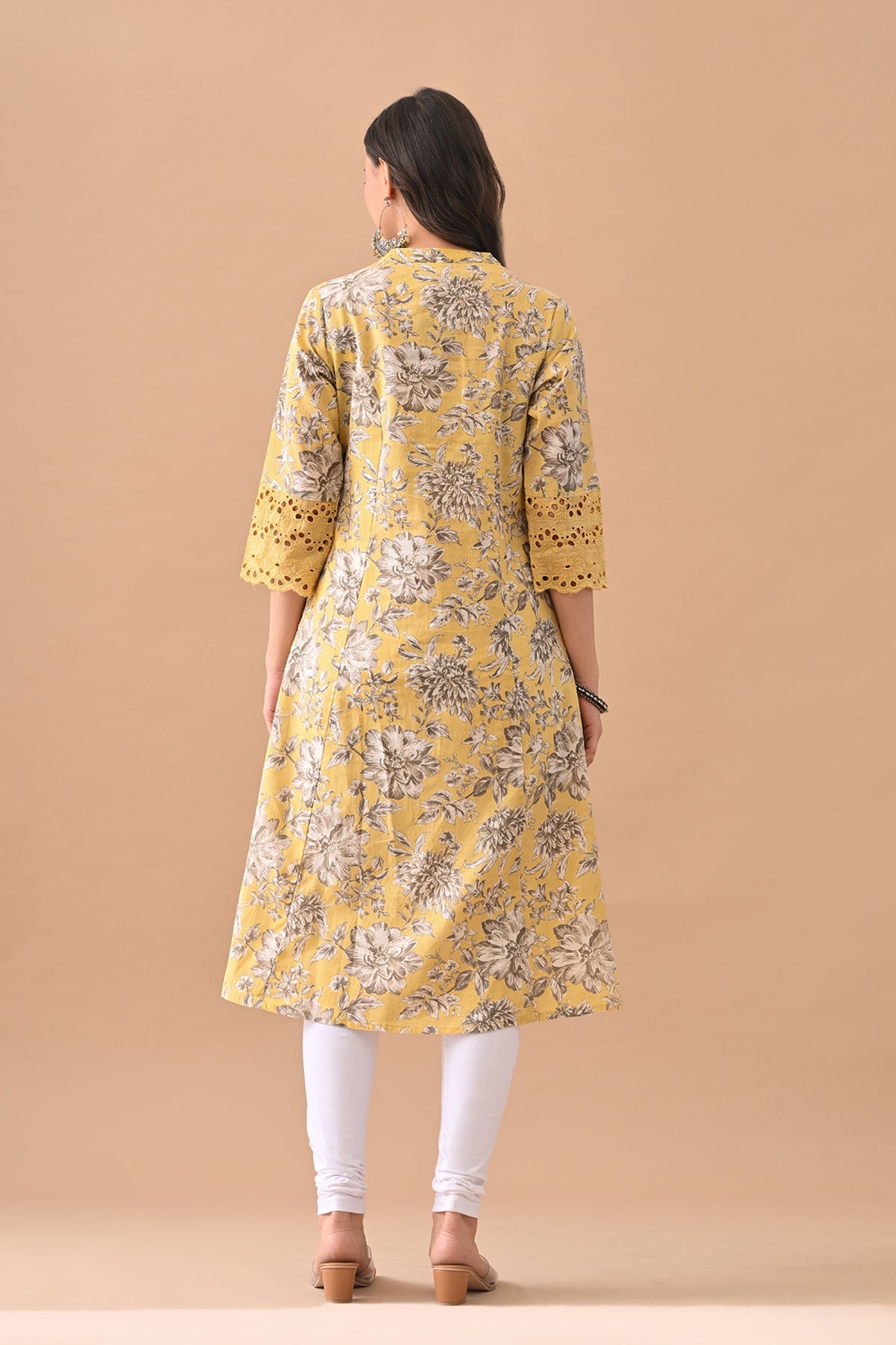 Yellow Printed A-line Kurta
