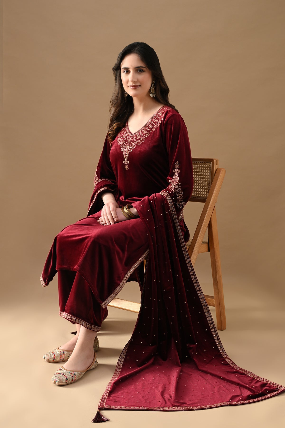 Maroon Velvet Embroidered 3 Pcs Kurta Set