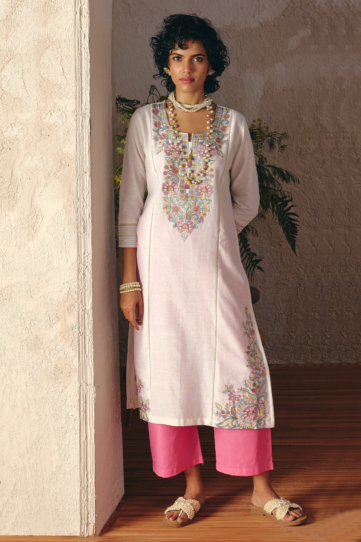 Cream Embroidered Kurta 2 Pcs Set