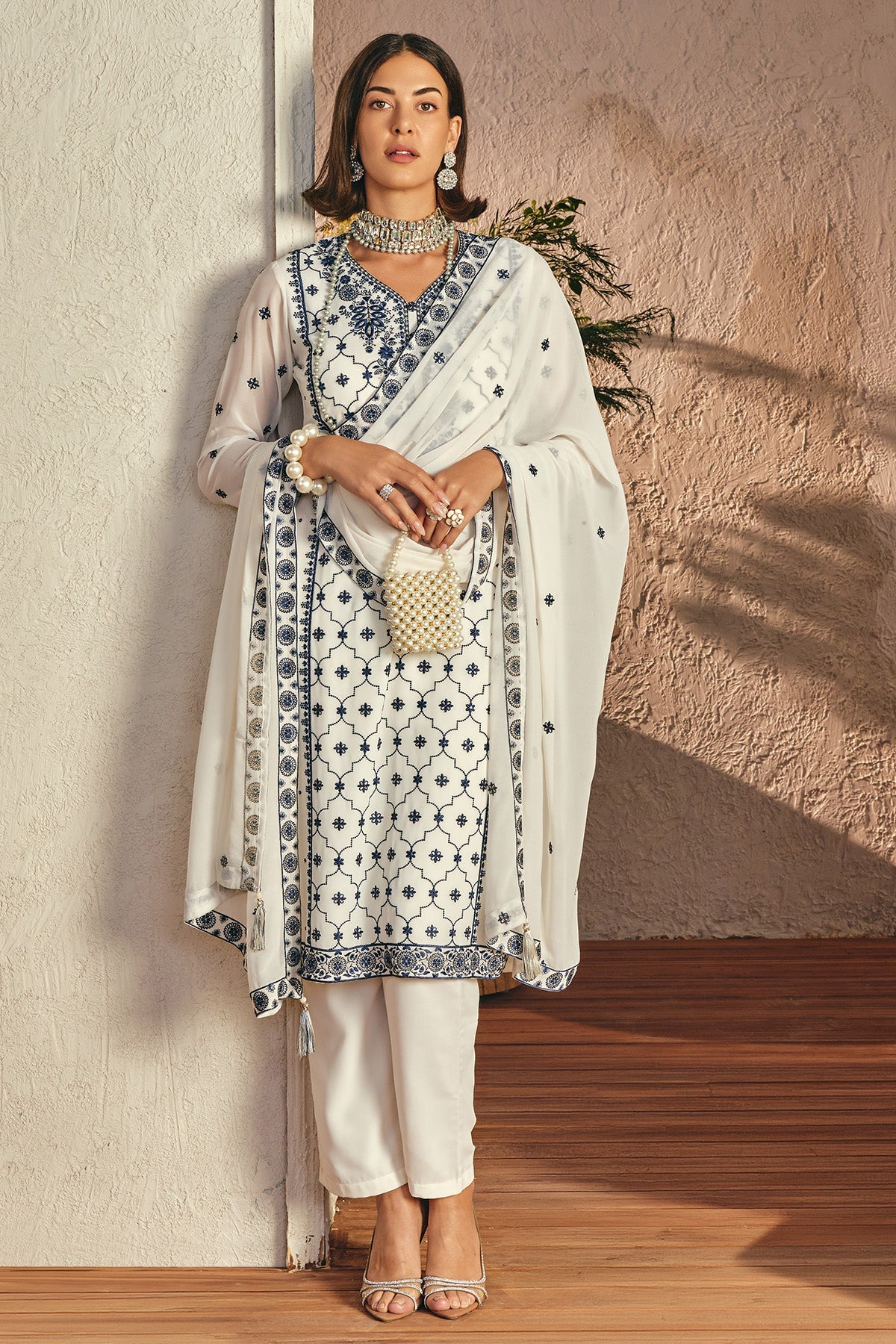 Cream Embroidered Kurta 3 Pcs Set