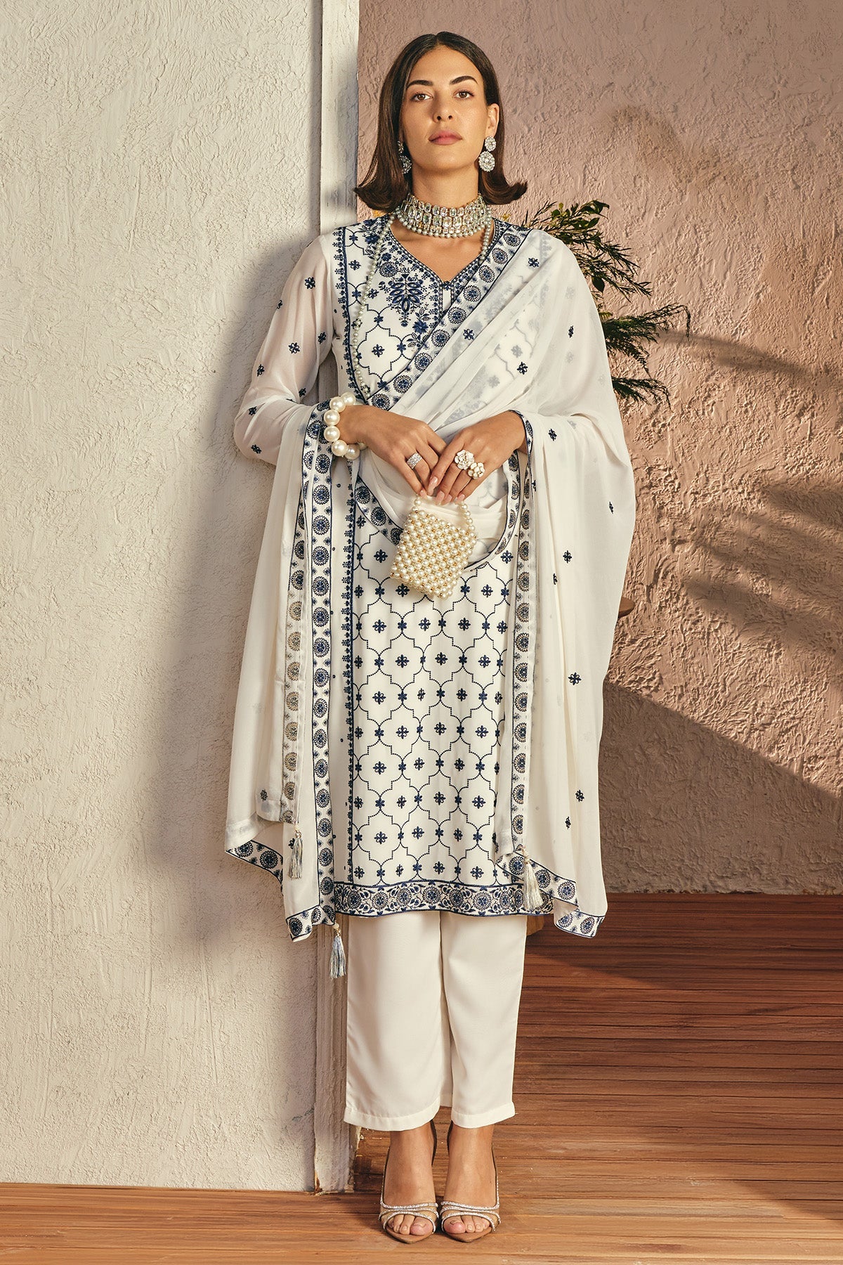 Cream Embroidered Kurta 3 Pcs Set