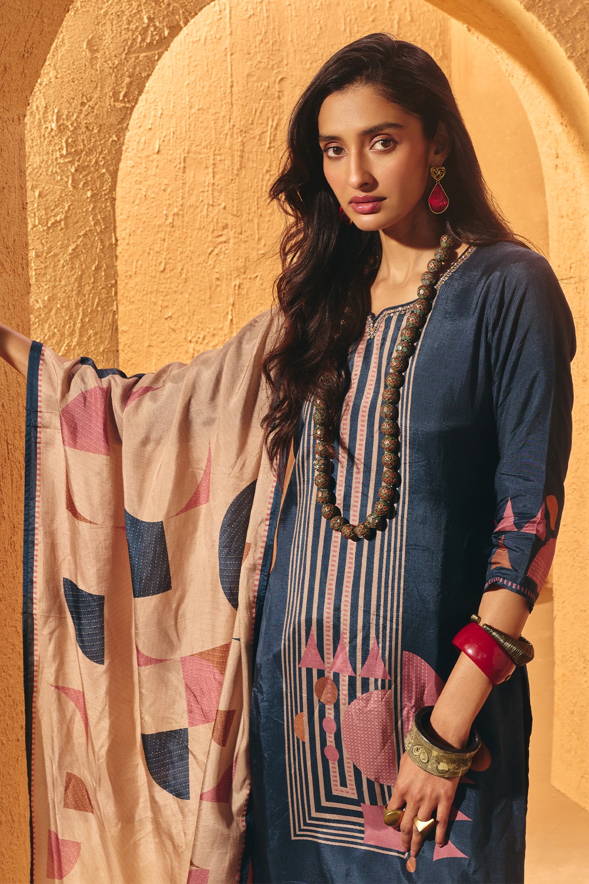 Blue Printed Kurta Set (3 Piece)
