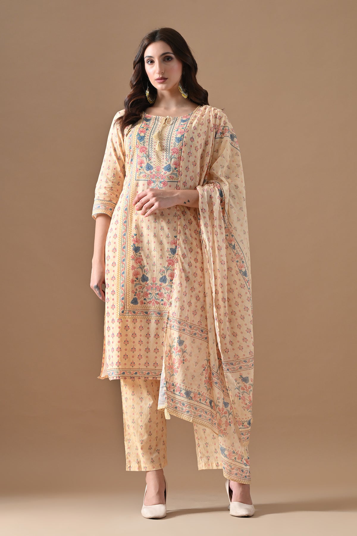 Beige Printed Kurta 3 Pcs Set