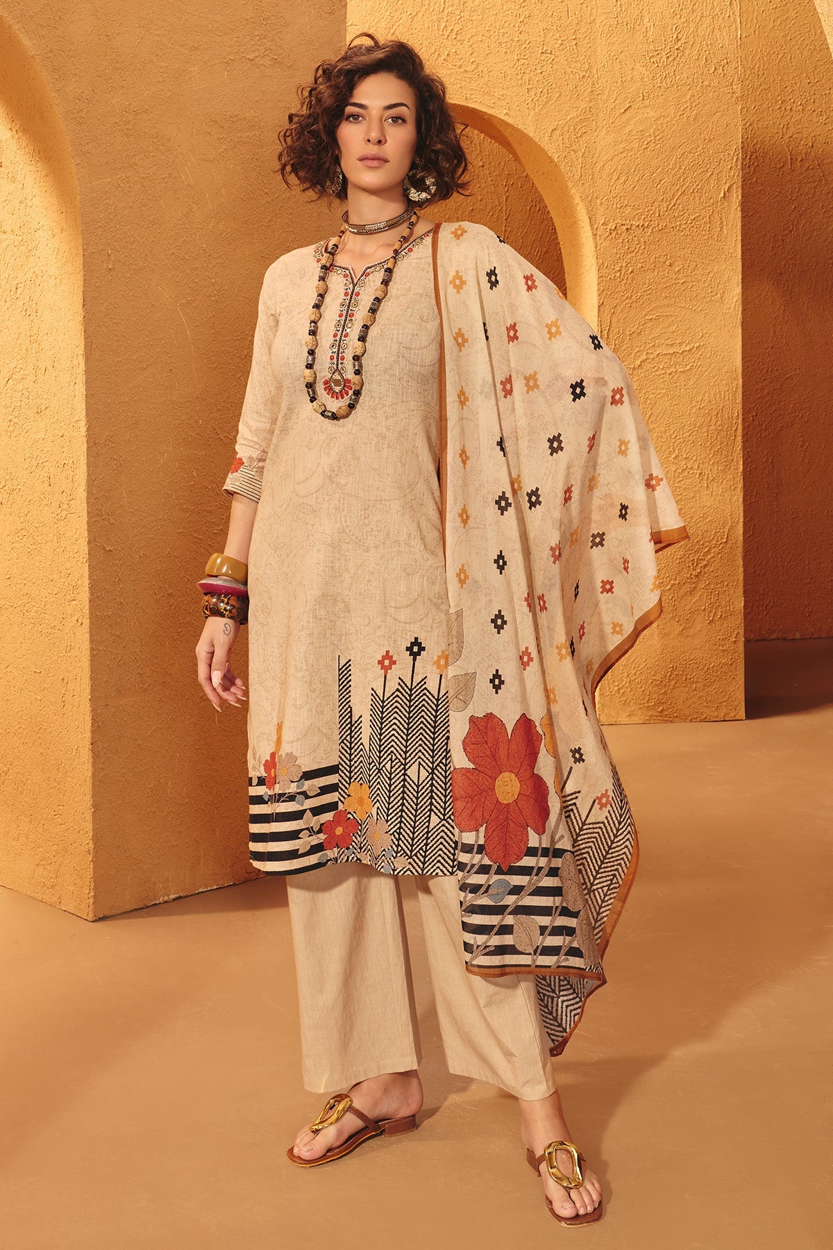 Beige Printed Embellished Kurta 3 Pcs Set