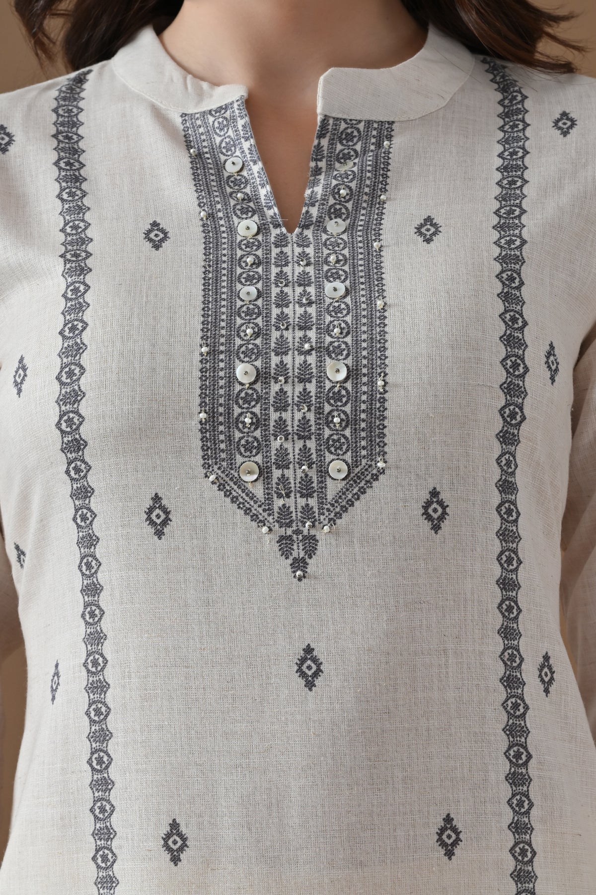 Cream Printed Kurta Set (3 Piece)