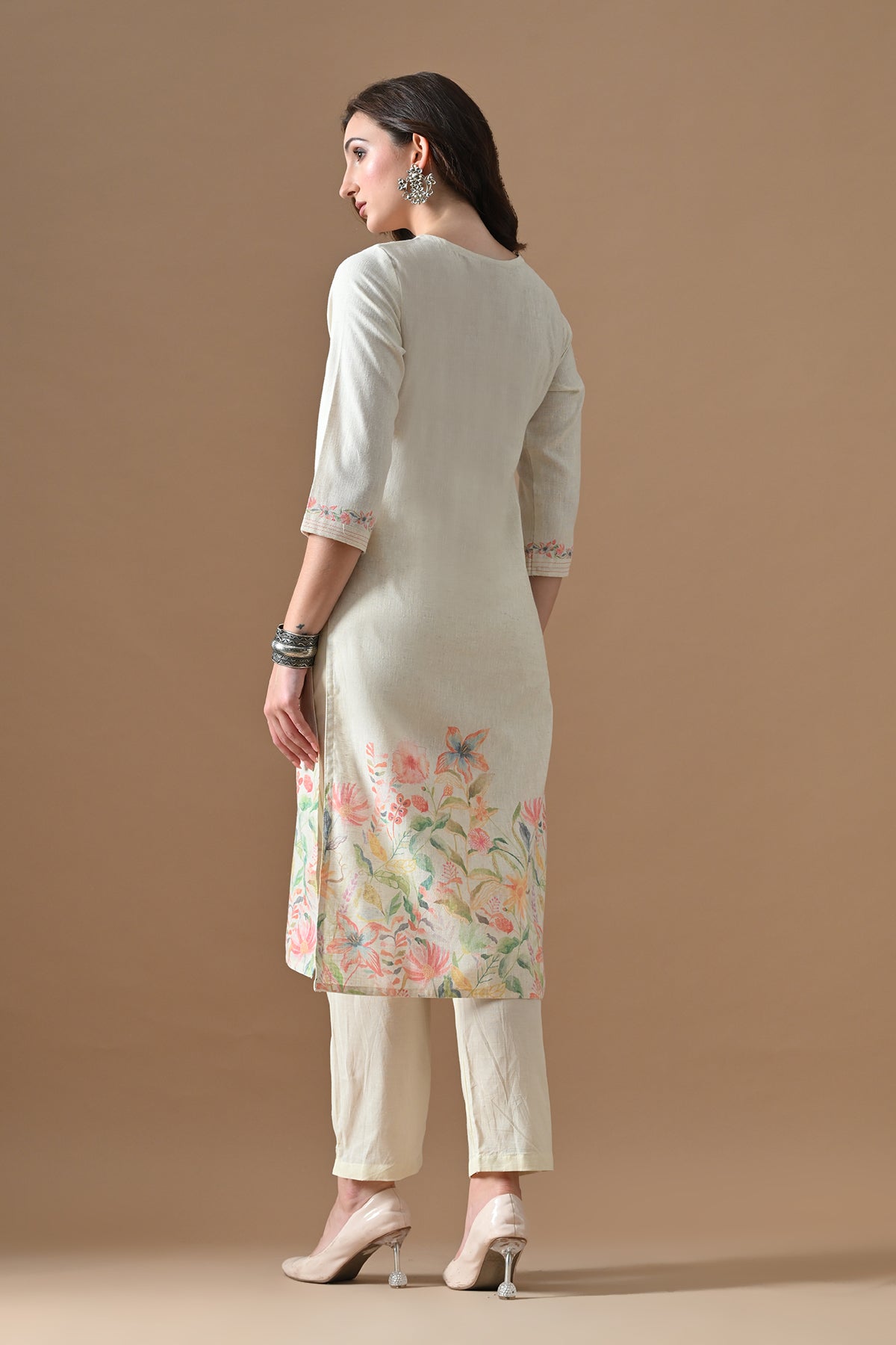 Cream Printed Kurta Set (3 Piece)