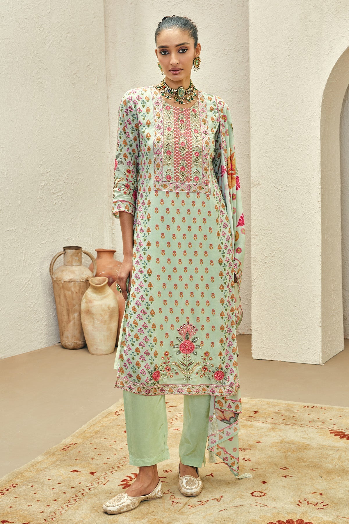 Green Embellished Kurta 3 Pcs Set