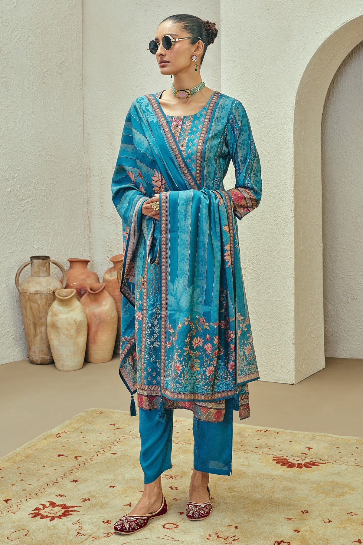 Blue Printed Kurta 3 Pcs Set