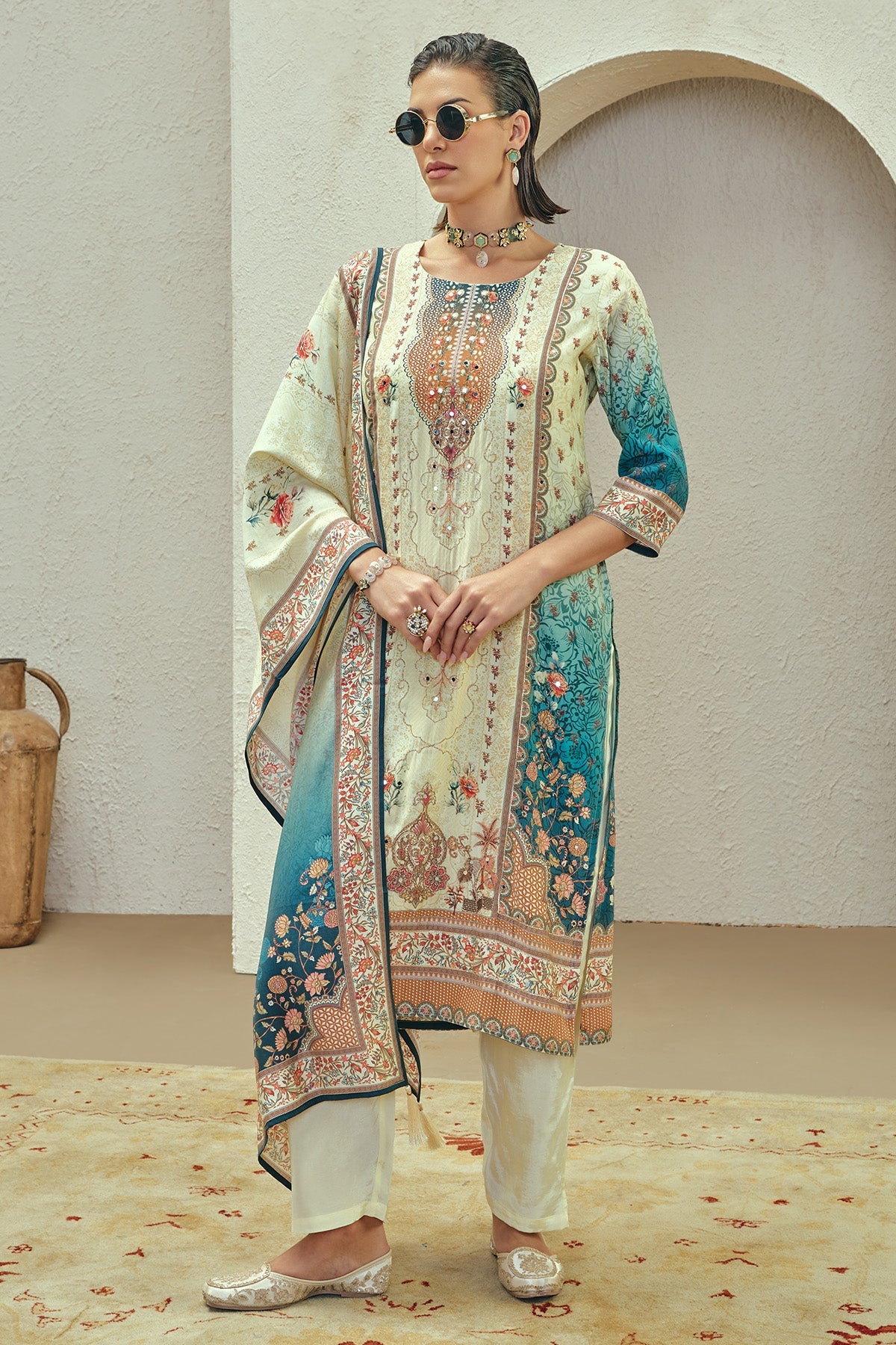 Multi Embellished Kurta Set (3 Piece)