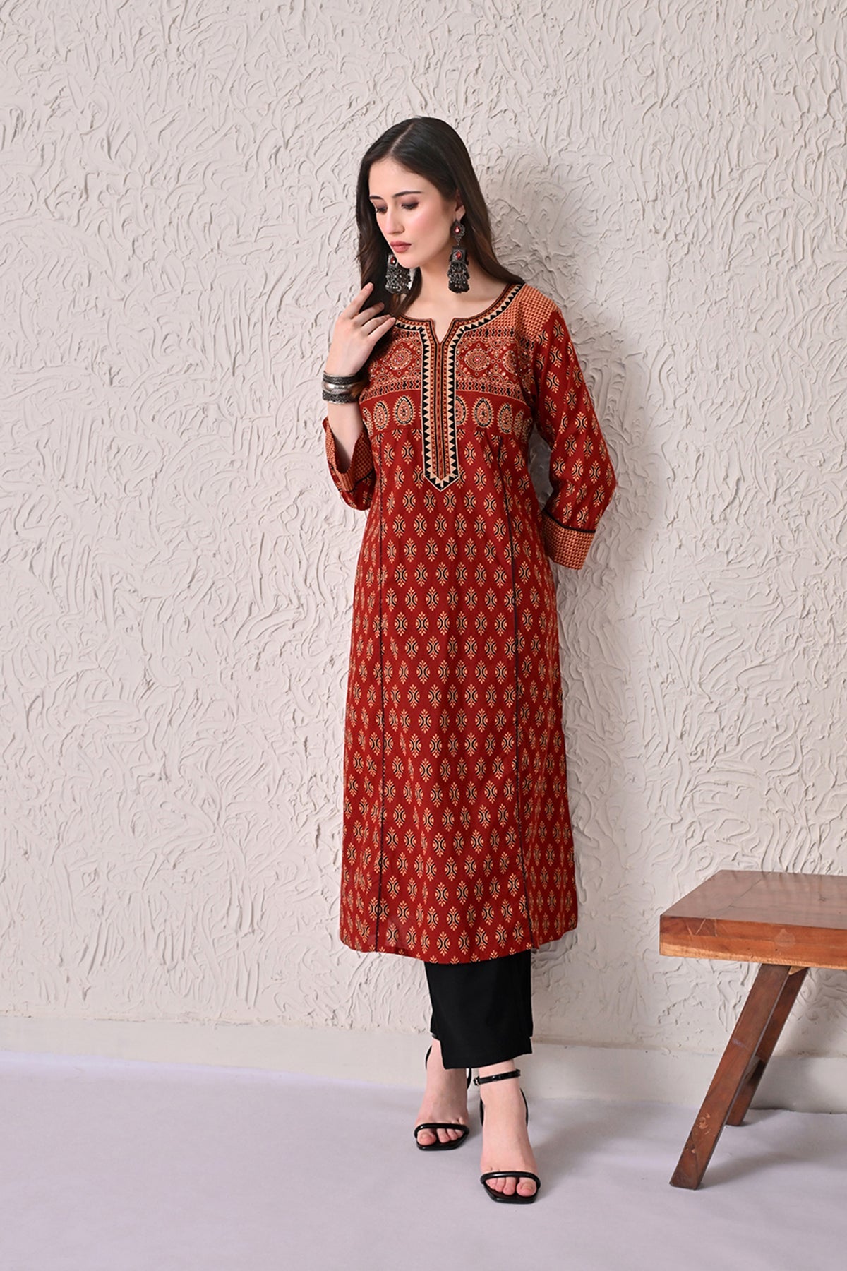 Rust A-line Printed Kurta
