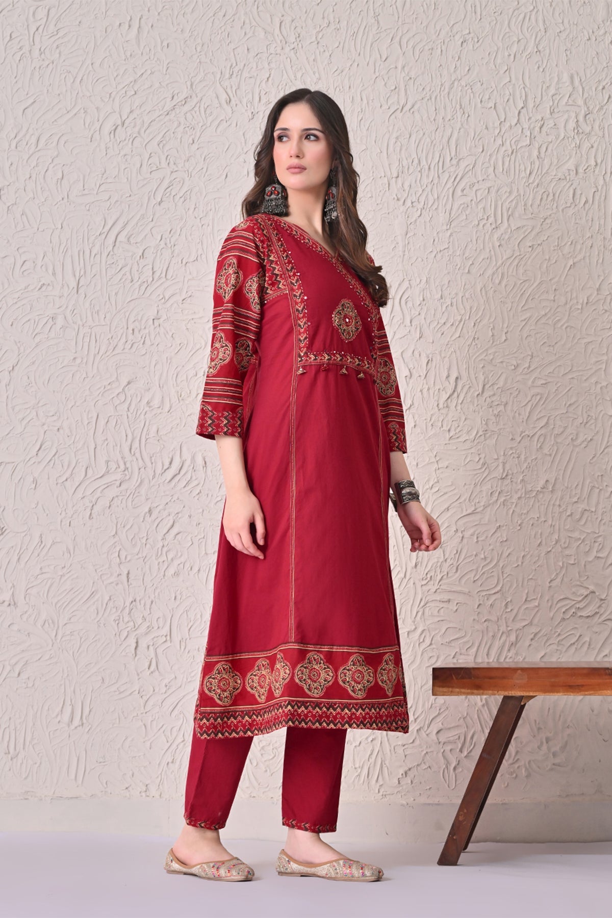 Maroon Self-Design Flared Kurta 3 Pcs Set