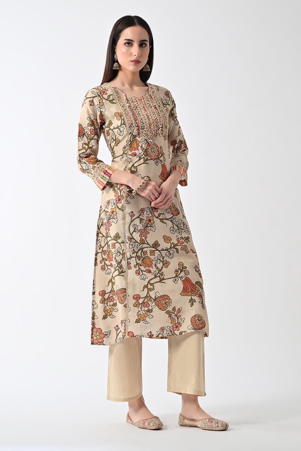 Beige Embellished Kurta Set (3 Piece)