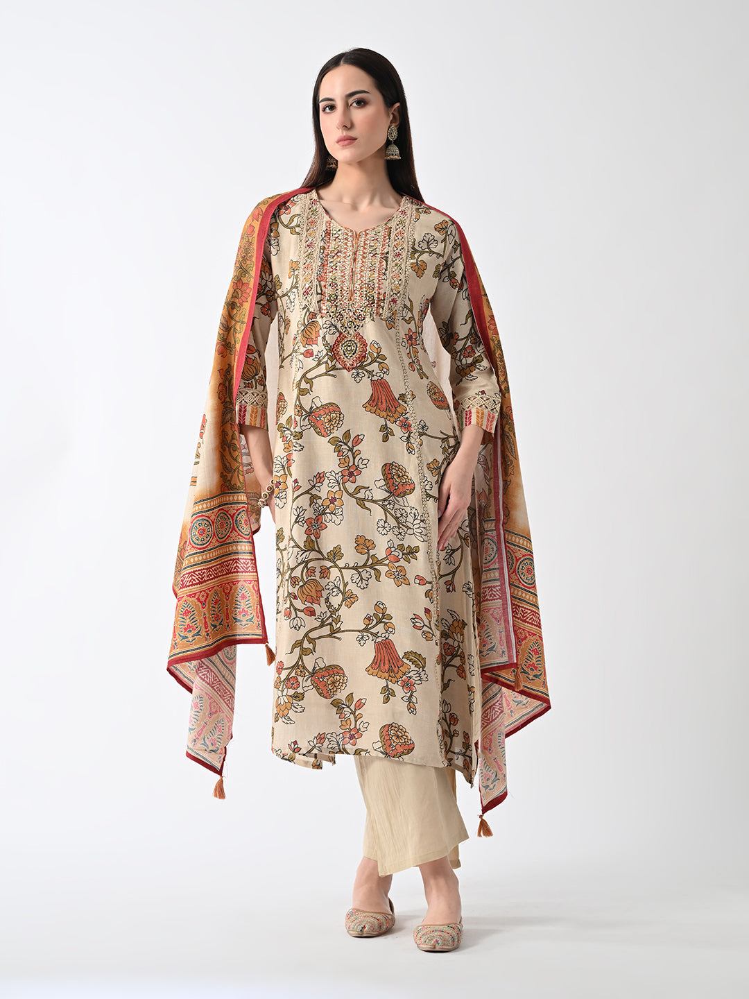 Beige Embellished Kurta Set (3 Piece)