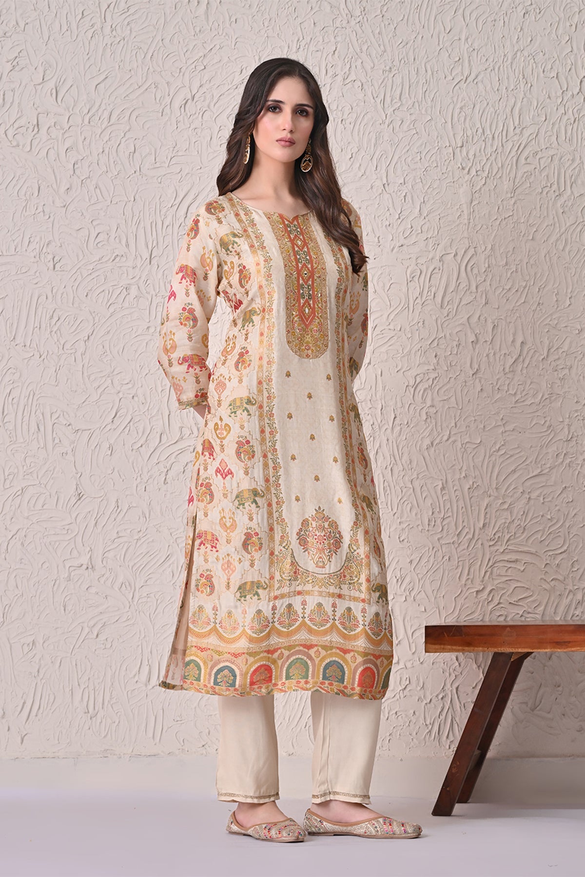 Beige Embellished Kurta 3 Pcs Set
