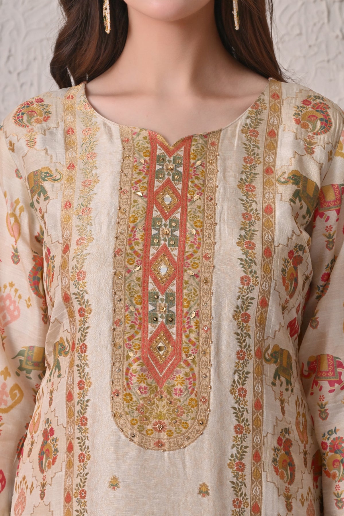 Beige Embellished Kurta 3 Pcs Set