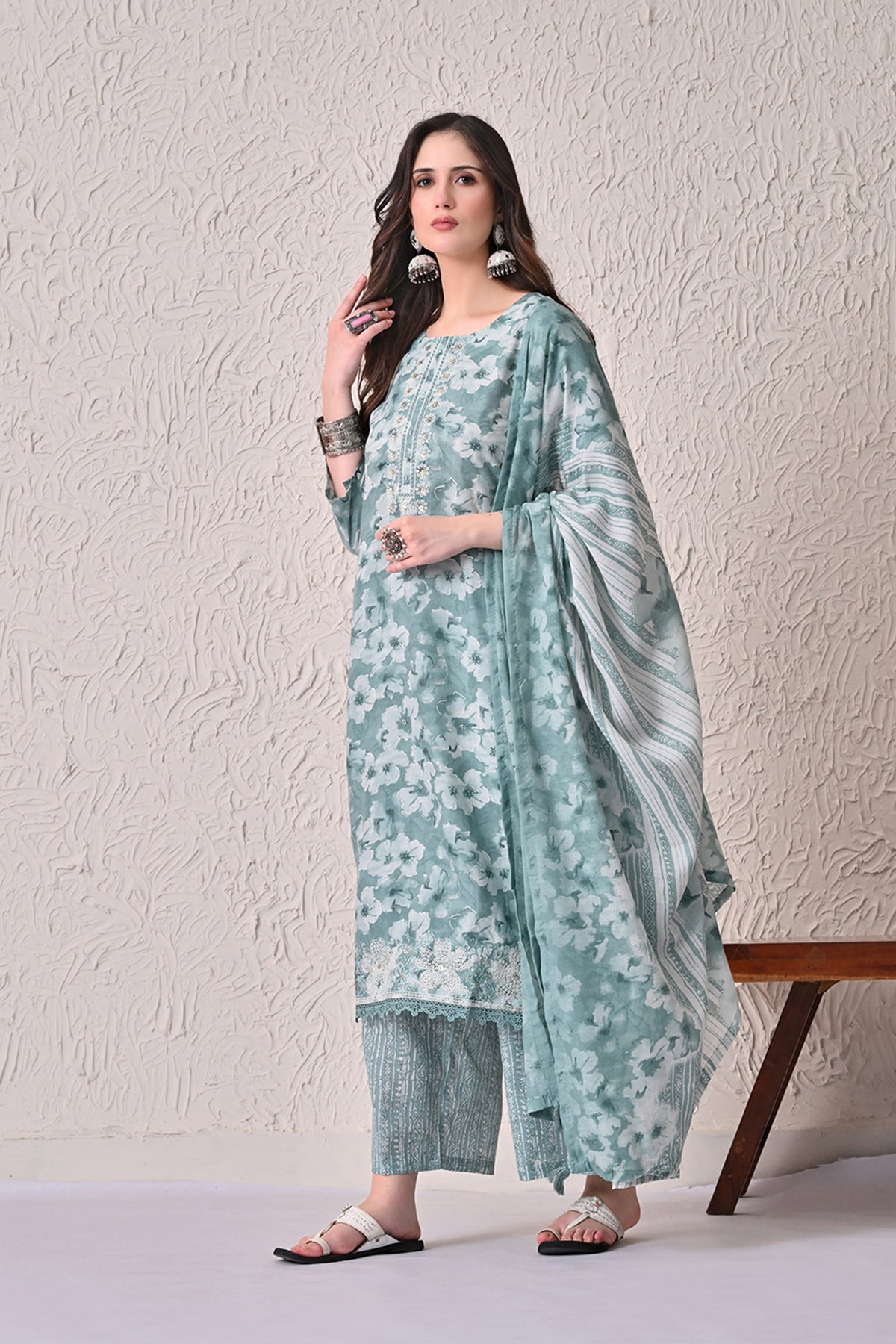 Green Printed Kurta 3 Pcs Set