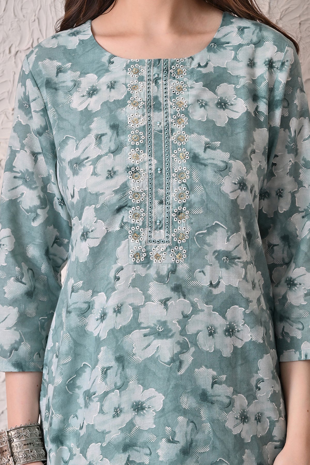 Green Printed Kurta 3 Pcs Set