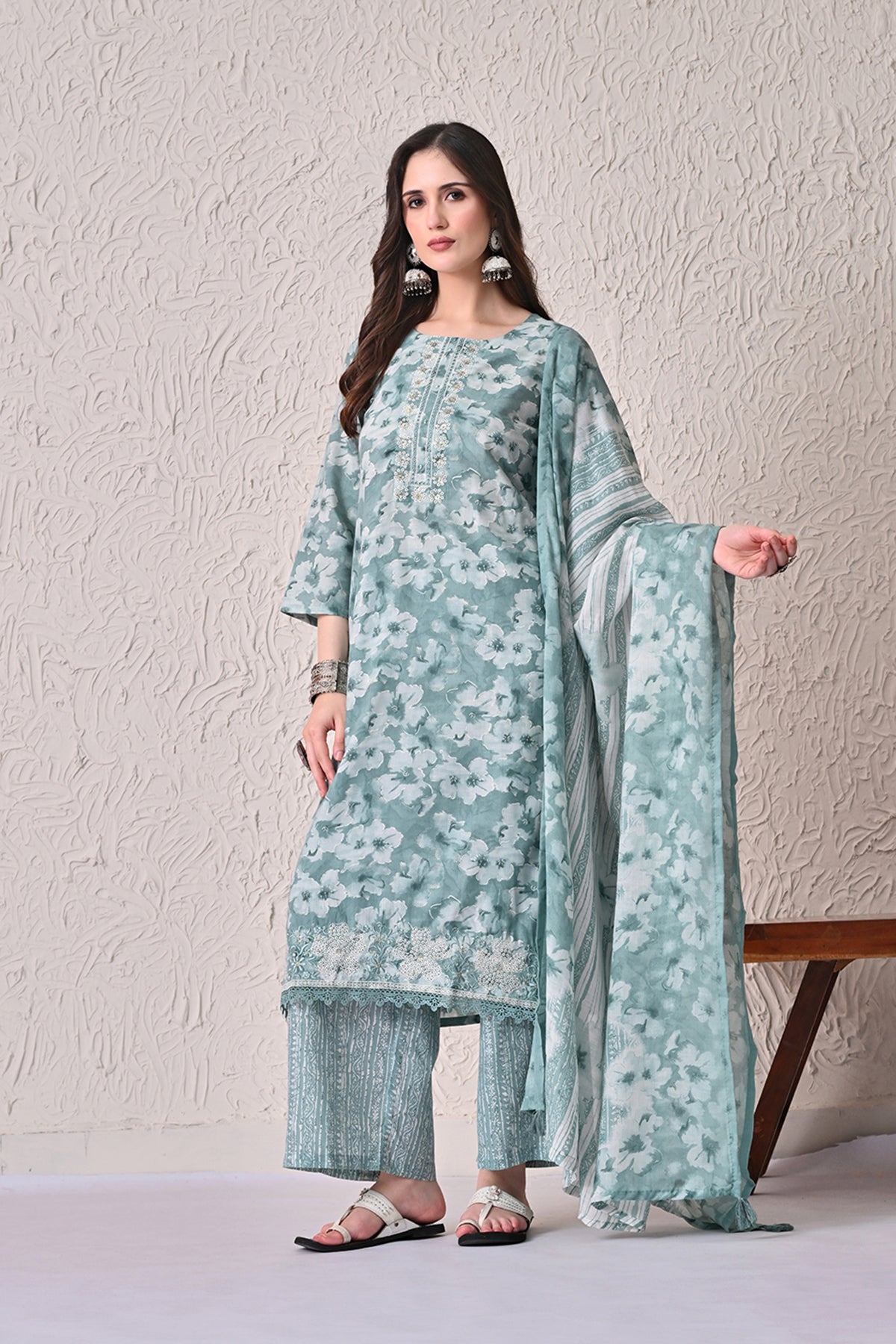Green Printed Kurta 3 Pcs Set