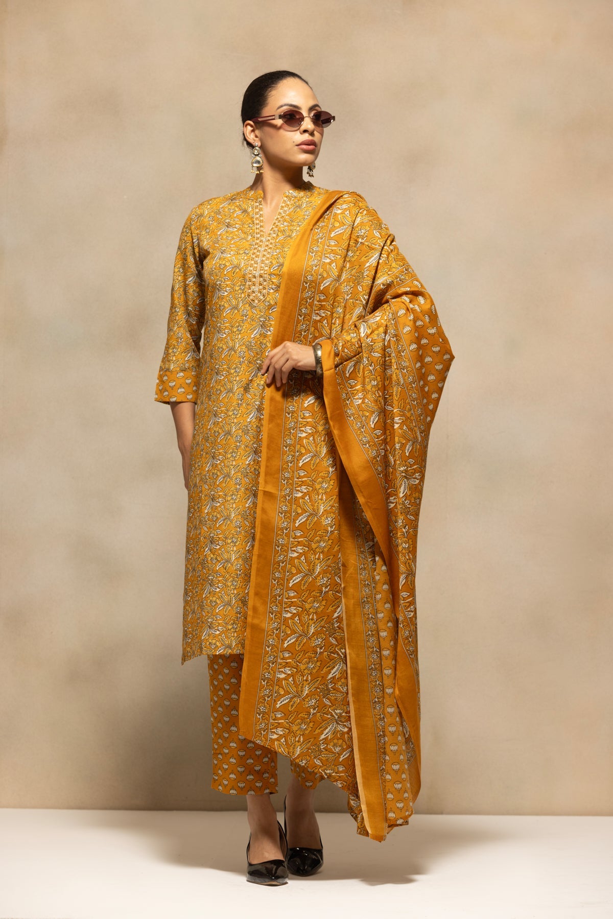 Mustard Printed Kurta 3 Pcs Set