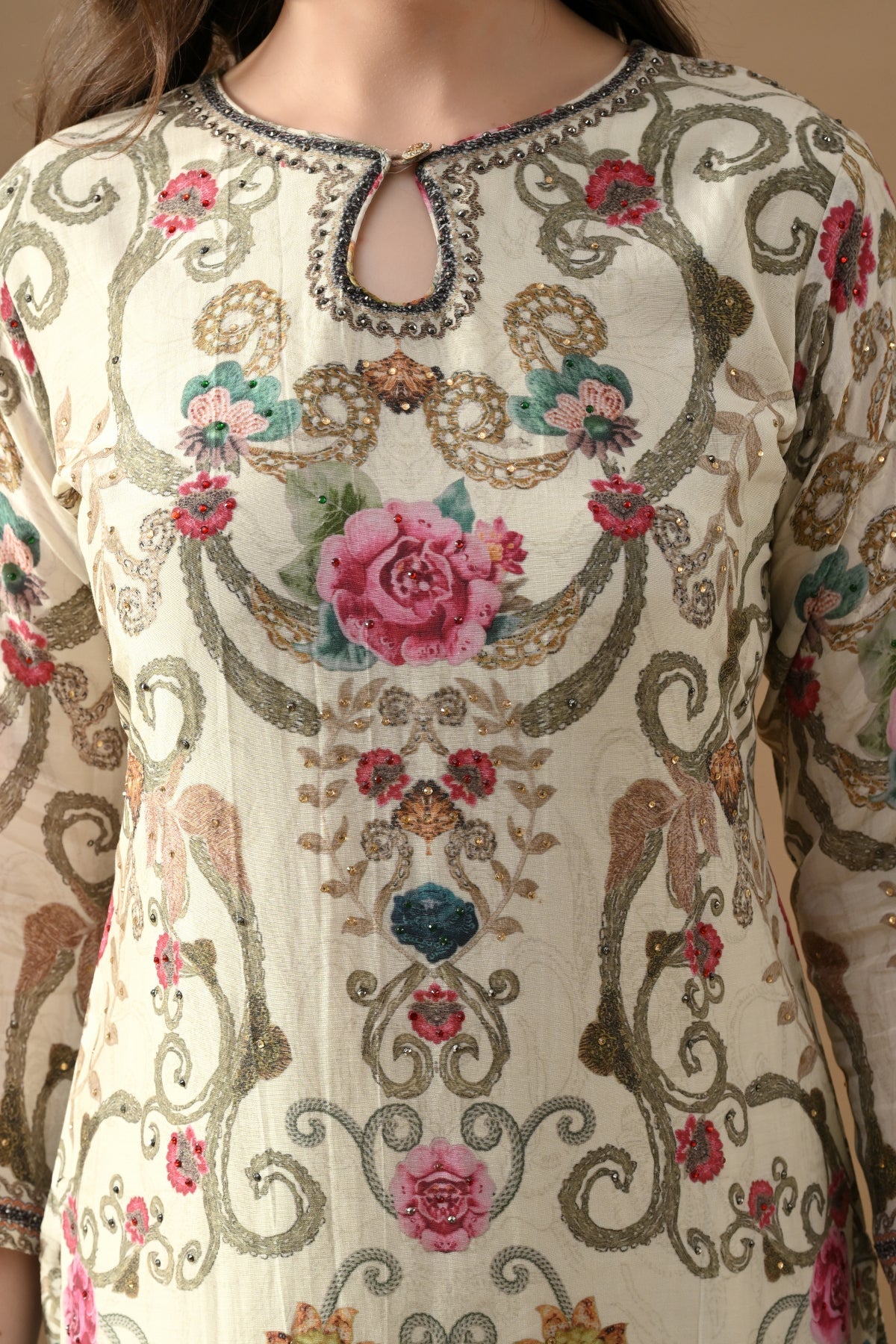 Cream Stone Embellished Kurta 3 Pcs Set