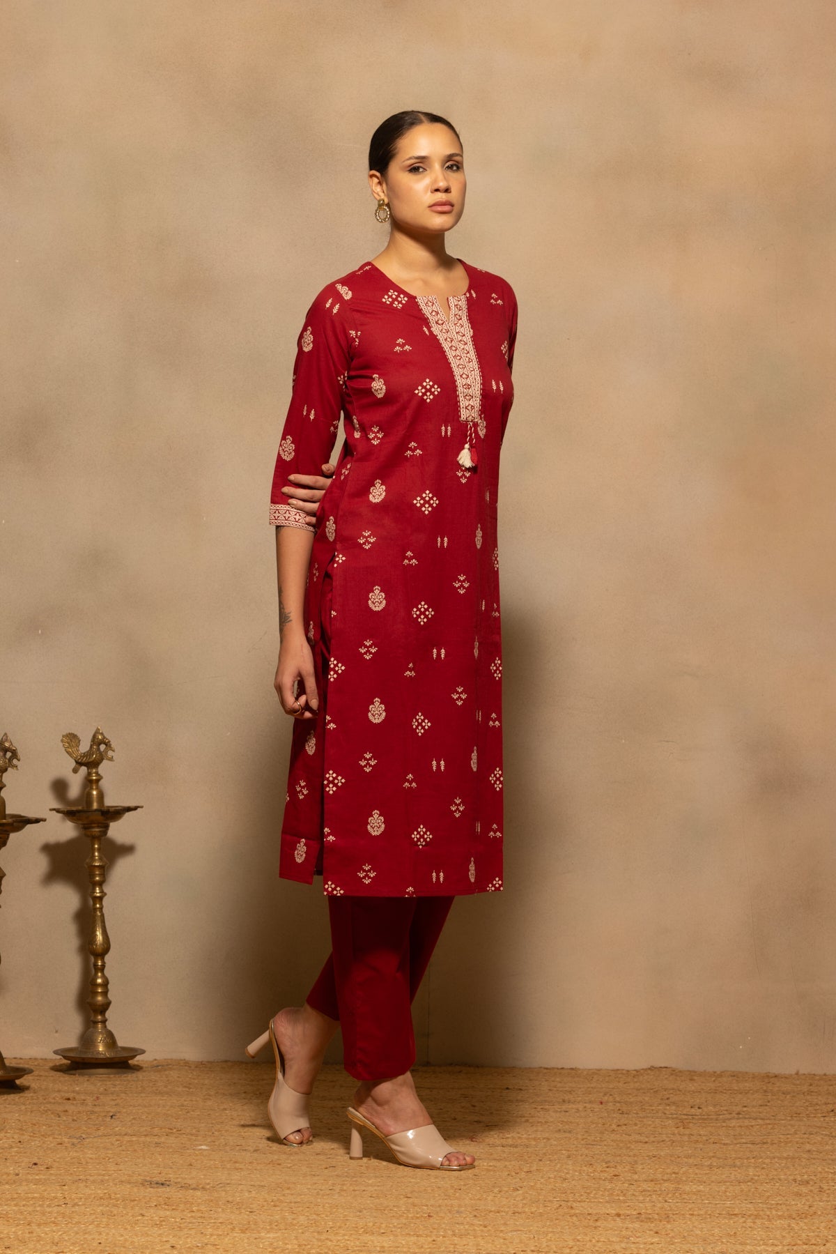 Maroon Printed Kurta 3 Pcs Set