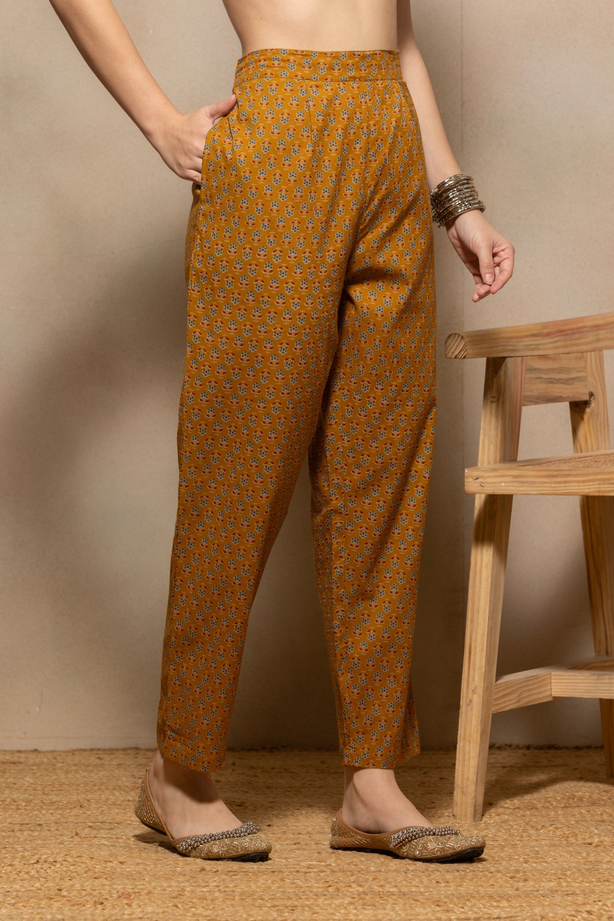Mustard Floral Printed Kurta 3 Pcs Set
