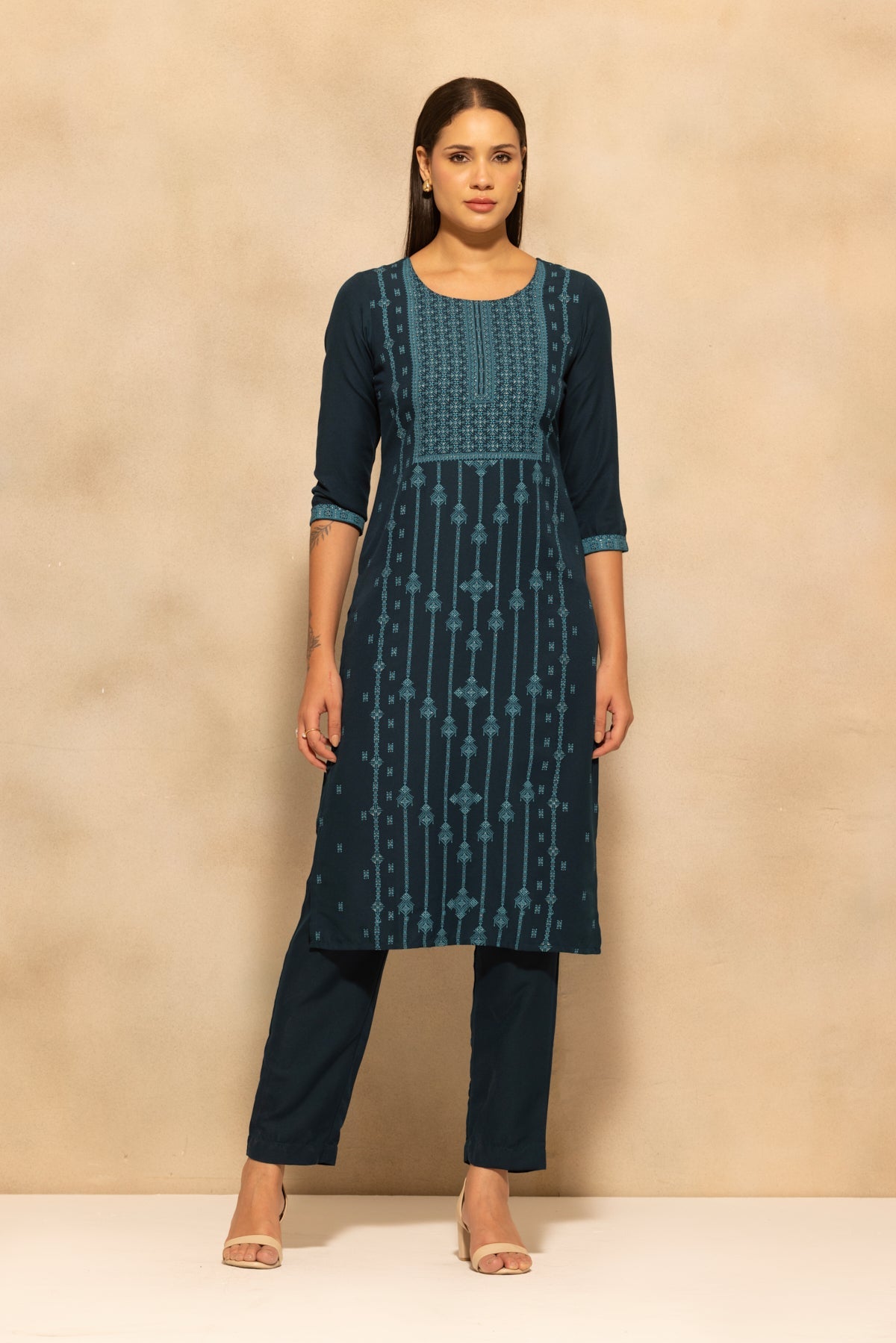 Blue Printed Kurta 3 Pcs Set
