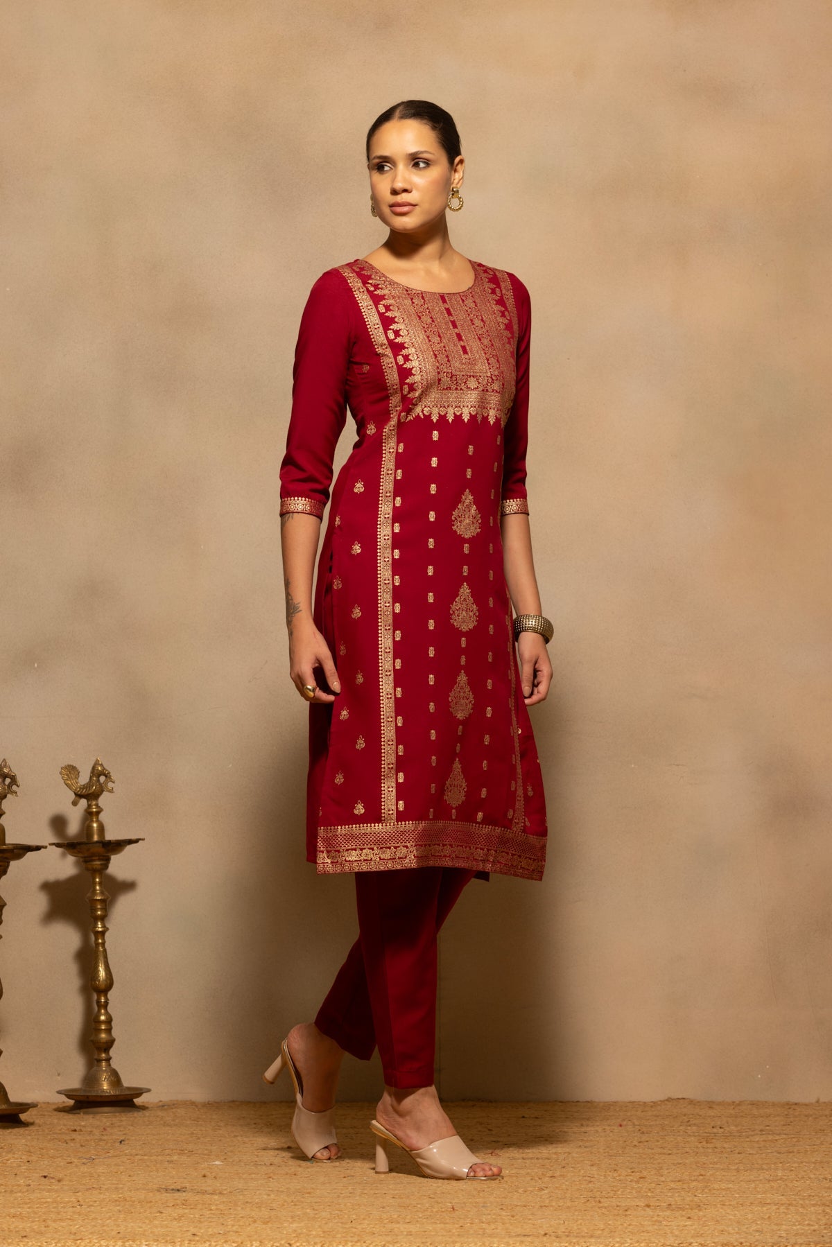 Maroon Printed Kurta 3 Pcs Set